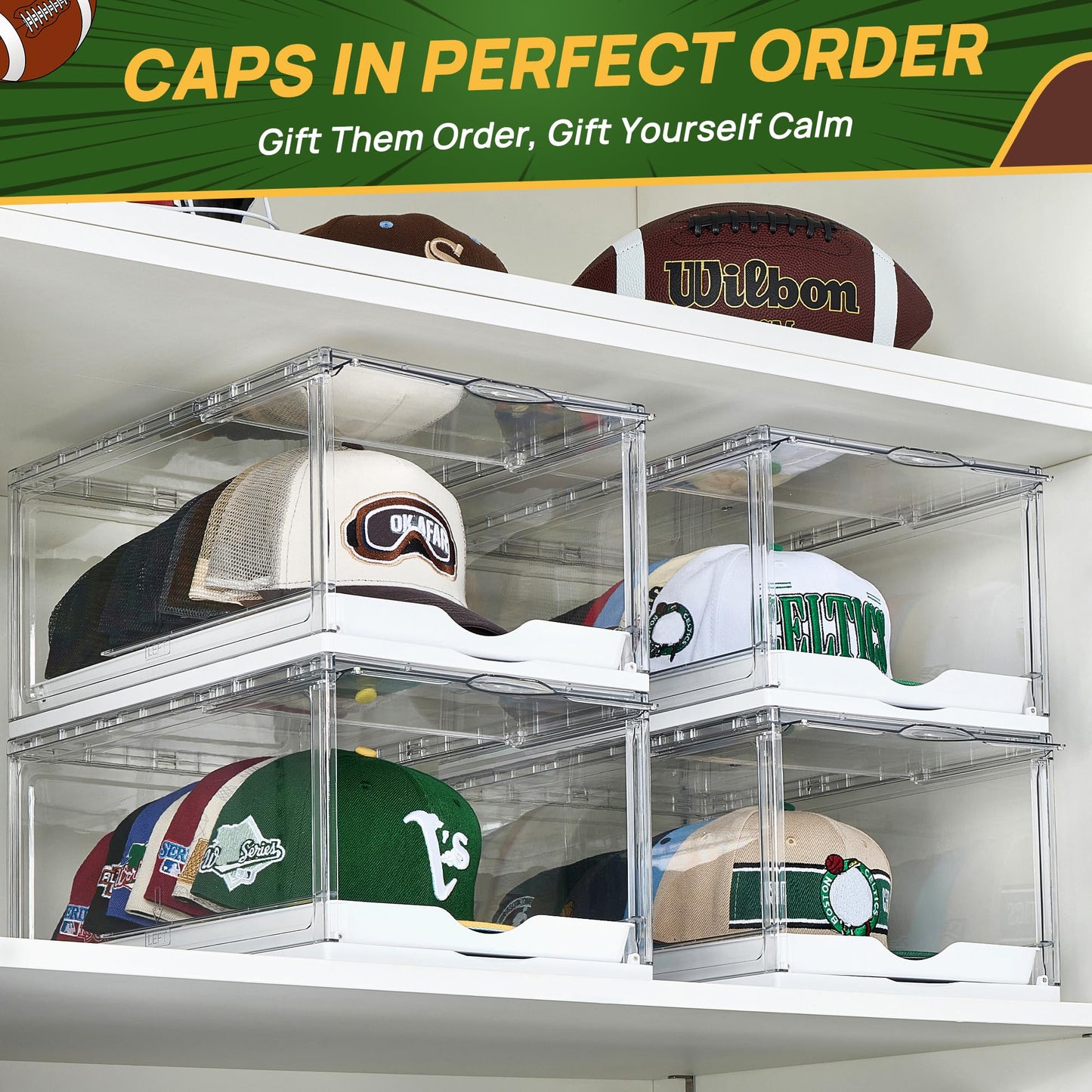 Vtopmart 2 Pack Hat Organizer for Baseball Caps, Clear Hats Holder Box with Drawer, Large Cap Storage with Sliding Tray, Stackable Rack Display Case with Magnetic Door, Each Holds 12 Hats