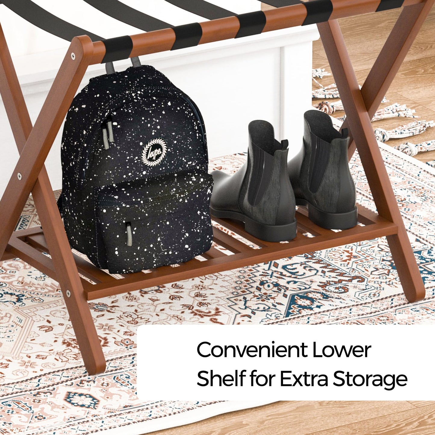 Natuvite Luggage Racks Suitcase Stand Foldable With Storage Shelf For Guest Room Hotel Essentials Solid Bamboo Heavy-Duty Item Holder Chestnut Brown