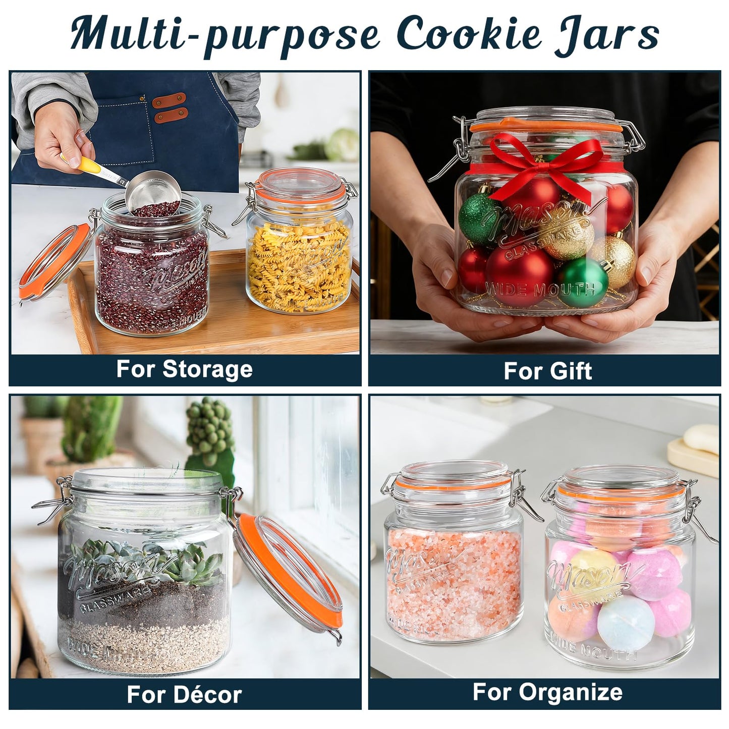 [NEW] 2 Pack Half Gallon Mason Jar with Hinged Lid, Wide Mouth Glass Flour Container for Food Storage, Cookie, Coffee, Pickle - 64 Oz Glass Jar with Glass Lid - Vintage Mason Jars w 2 Scale Marks