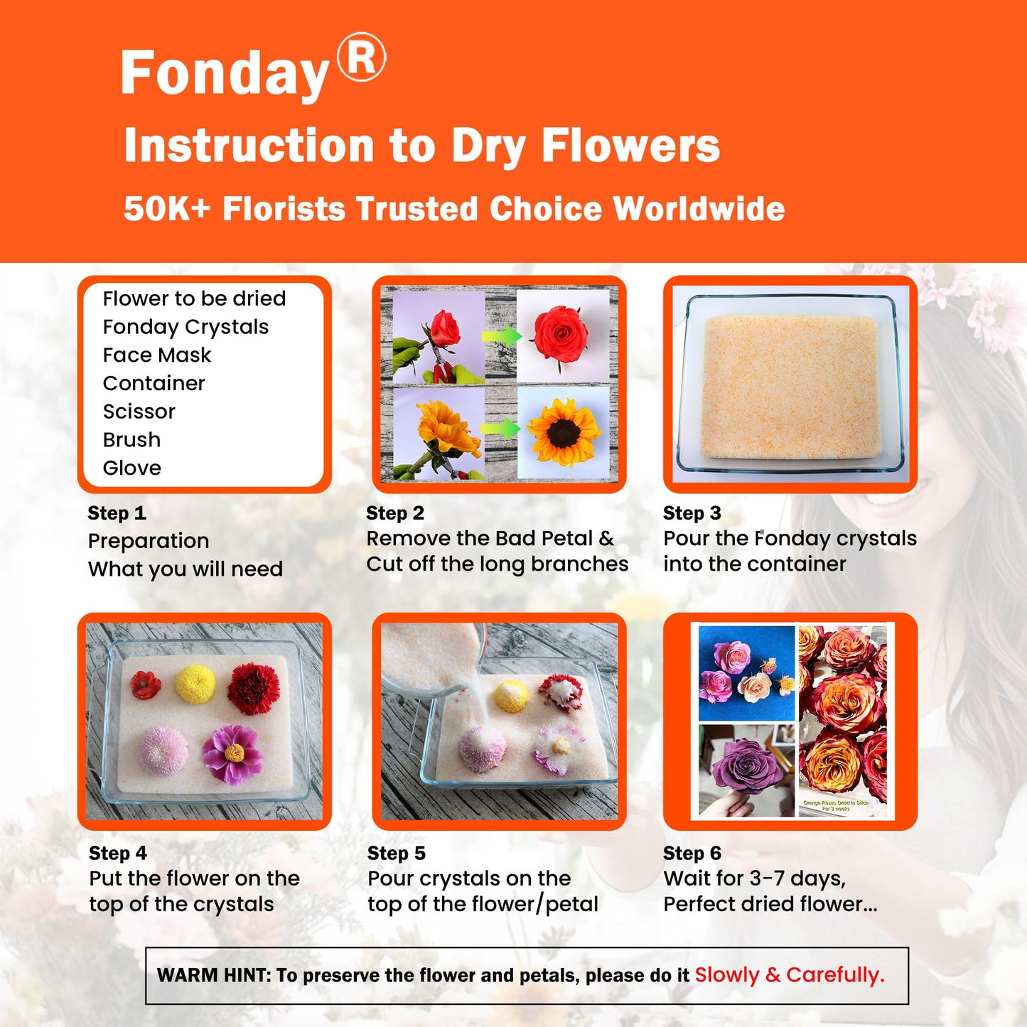 Fonday Silica Gel Flower Drying Crystals for Wedding Bouquet Preservation Color Indicating Reusable Bead Size Less Than 1mm (5LBS 3-in-1 with Sealed Container and Brush)