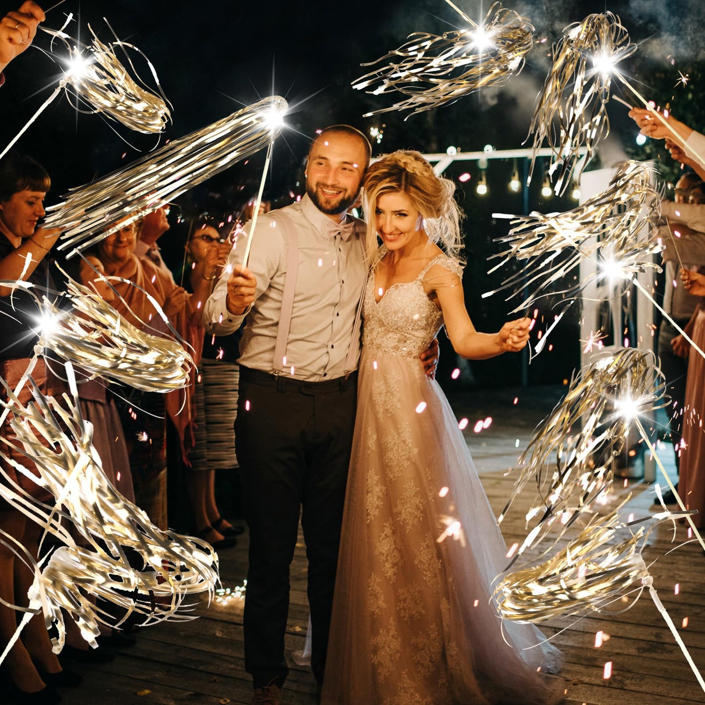 TBOLLY 100 pcs Wedding Wands Light up with LED Tinsel Wedding Streamers for Wedding Send off and Greeting Ideal Props for Weddings, Birthday Parties, Christmas Cheerleading Games (Champagne)
