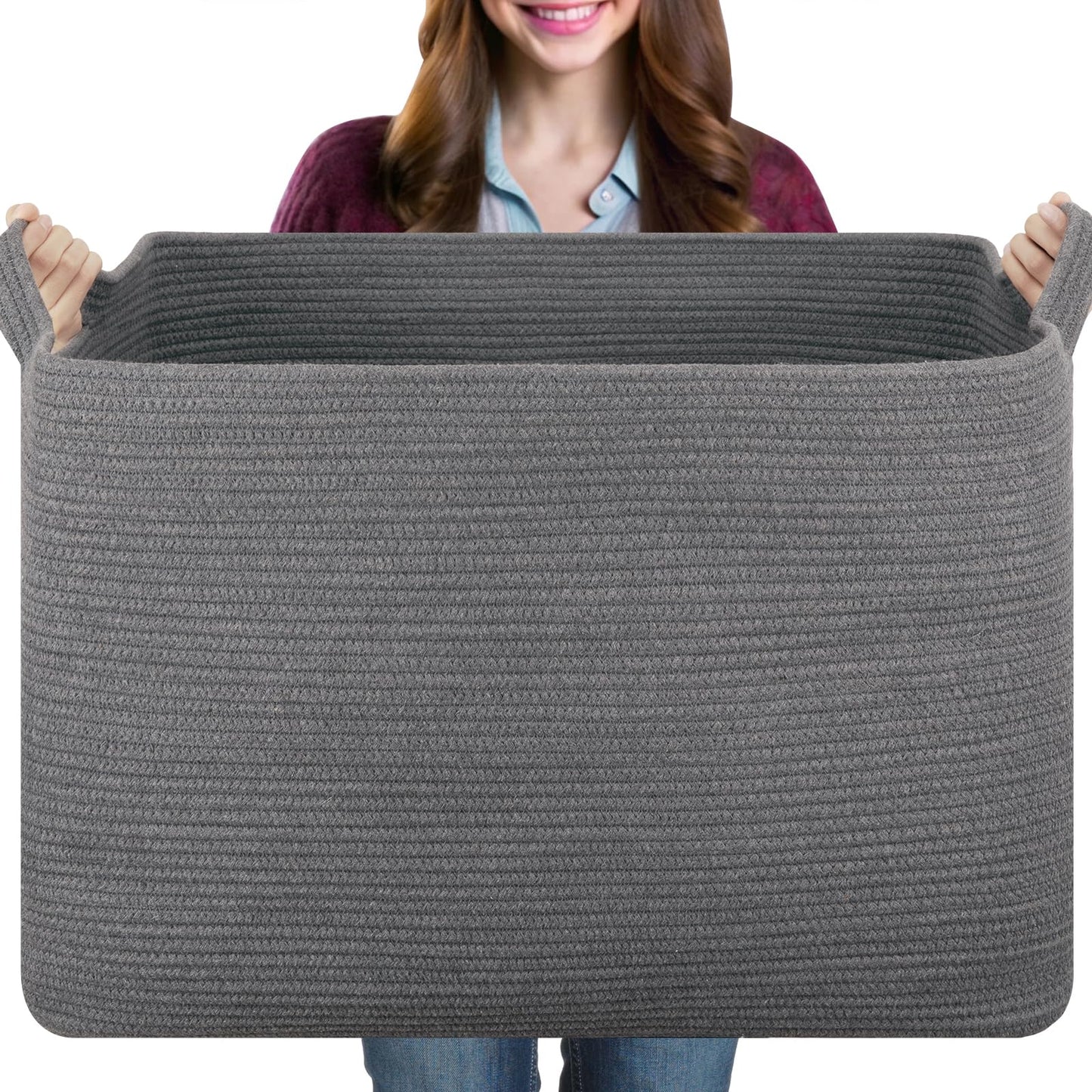108L Extra Large Blanket Basket, for Living Room, Nursery, Bedroom, Laundry Room,Rectangle Woven Storage with Handles for Comforters, Pillows, Cushions and Toys, 24.8" x 16.2" x 16.2", Dark Grey