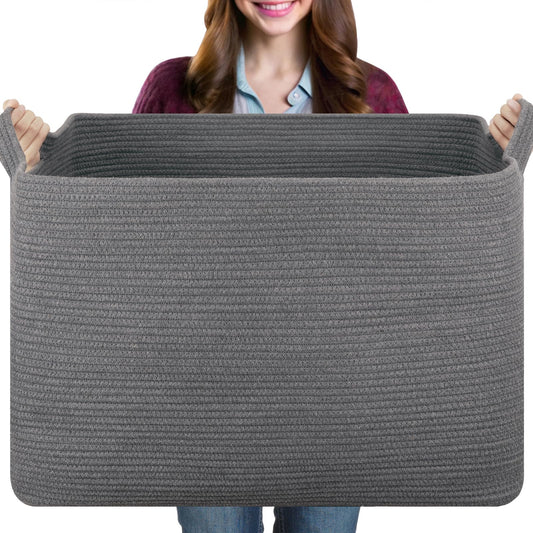 108L Extra Large Blanket Basket, for Living Room, Nursery, Bedroom, Laundry Room,Rectangle Woven Storage with Handles for Comforters, Pillows, Cushions and Toys, 24.8" x 16.2" x 16.2", Dark Grey