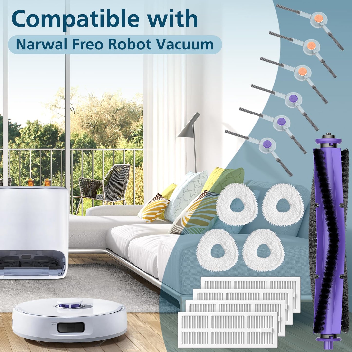 Replacement Parts Accessories Compatible with Narwal Freo Robot Vacuum ONLY, 1 Roller Brush,4 HEPA Filters, 4 Mop Pads, 6 Side Brushes, NOT for Freo Z10/Z10 Ultra/Z Ultra/X Ultra