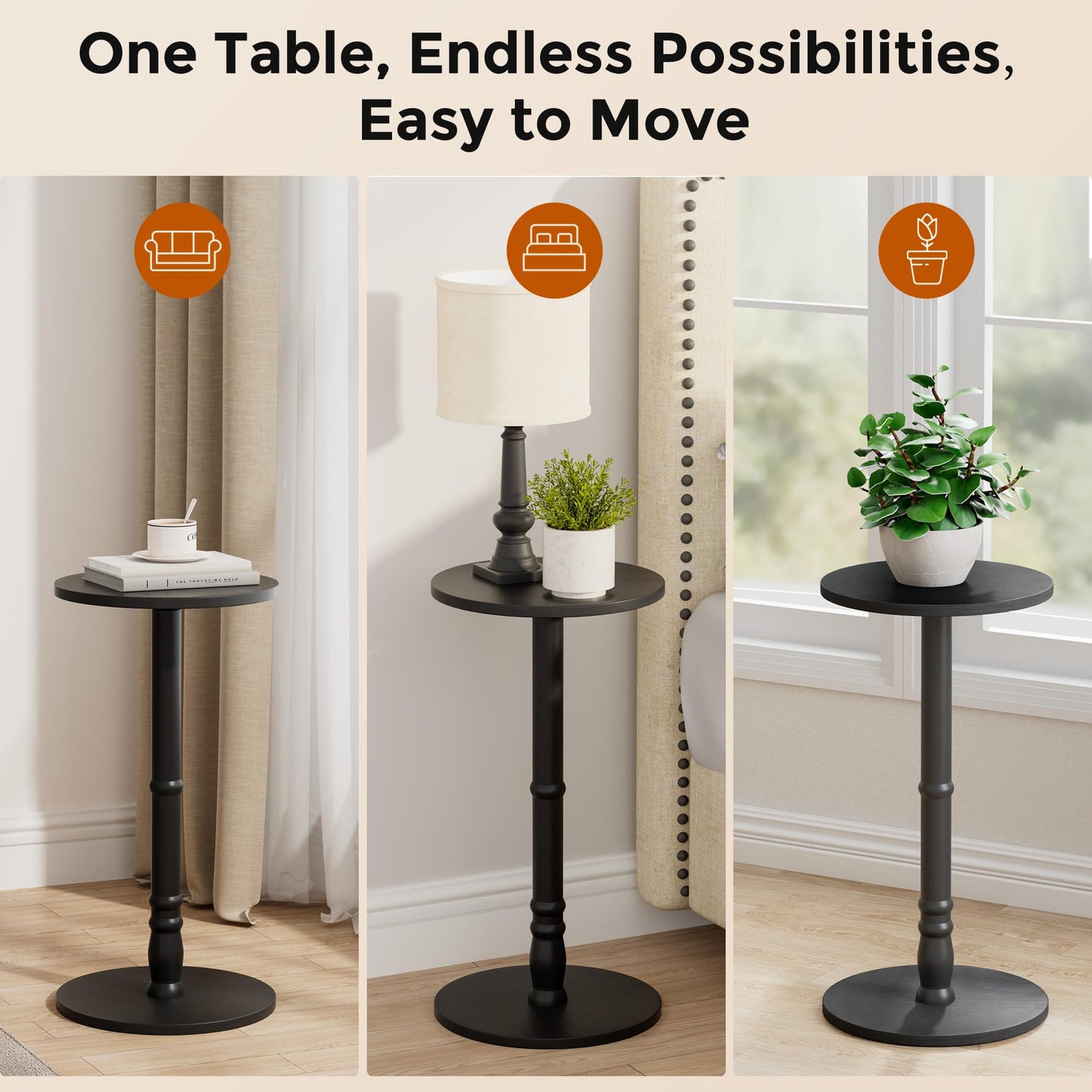 Homleke 12" Round Side Tables Set of 2, Solid Wood Pillar with Wood Top & Base, Small Drink Accent Table for Living Room, Bedroom, Sofa & Office, Easy Assembly, Black
