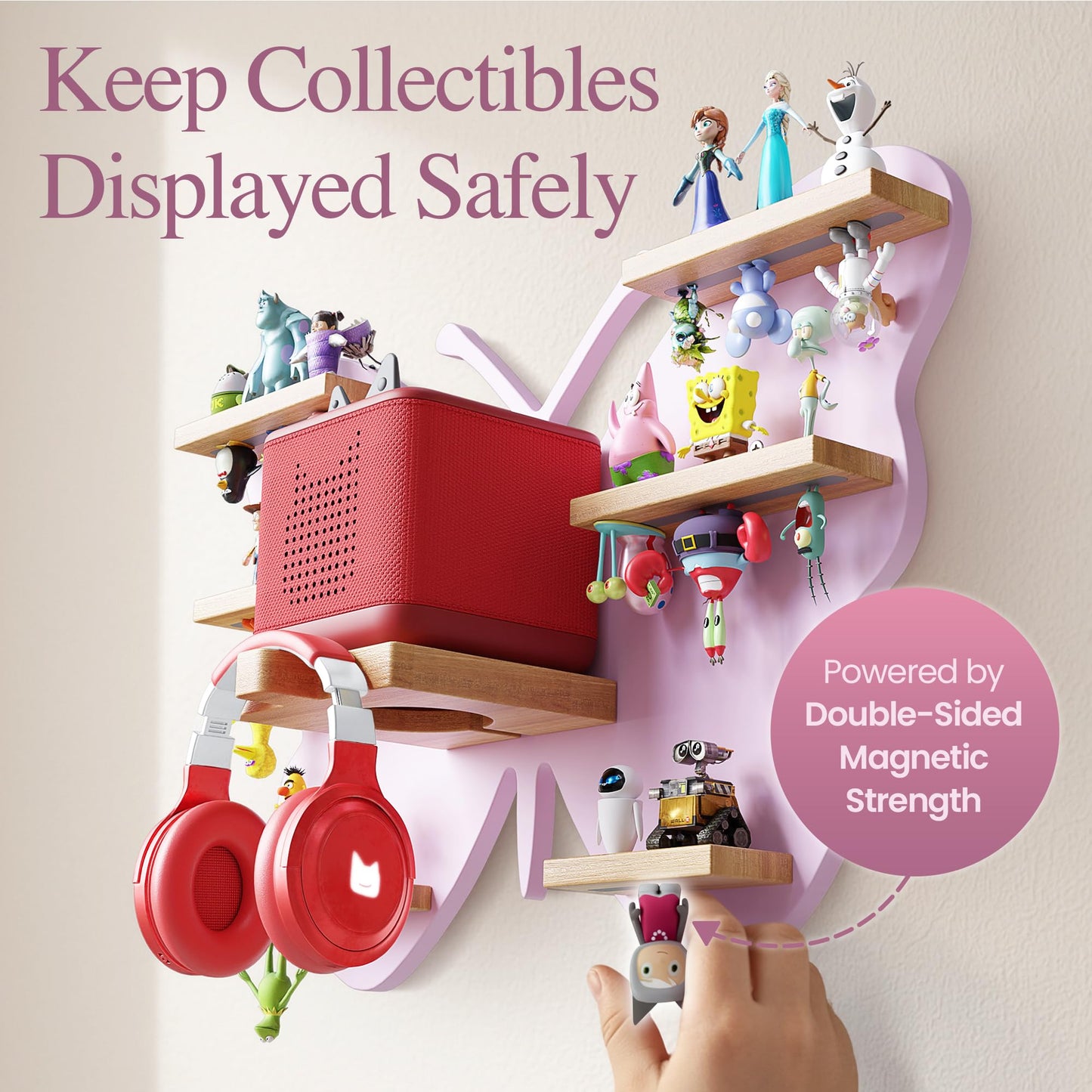 Rylo Collective Tonies Storage Shelf - 30+ Capacity Tonies Shelf Magnetic with Top and Upside Down Magnet Floating Station - Tonie Box Storage for Accessories, Toniebox Character Holder (Butterfly)