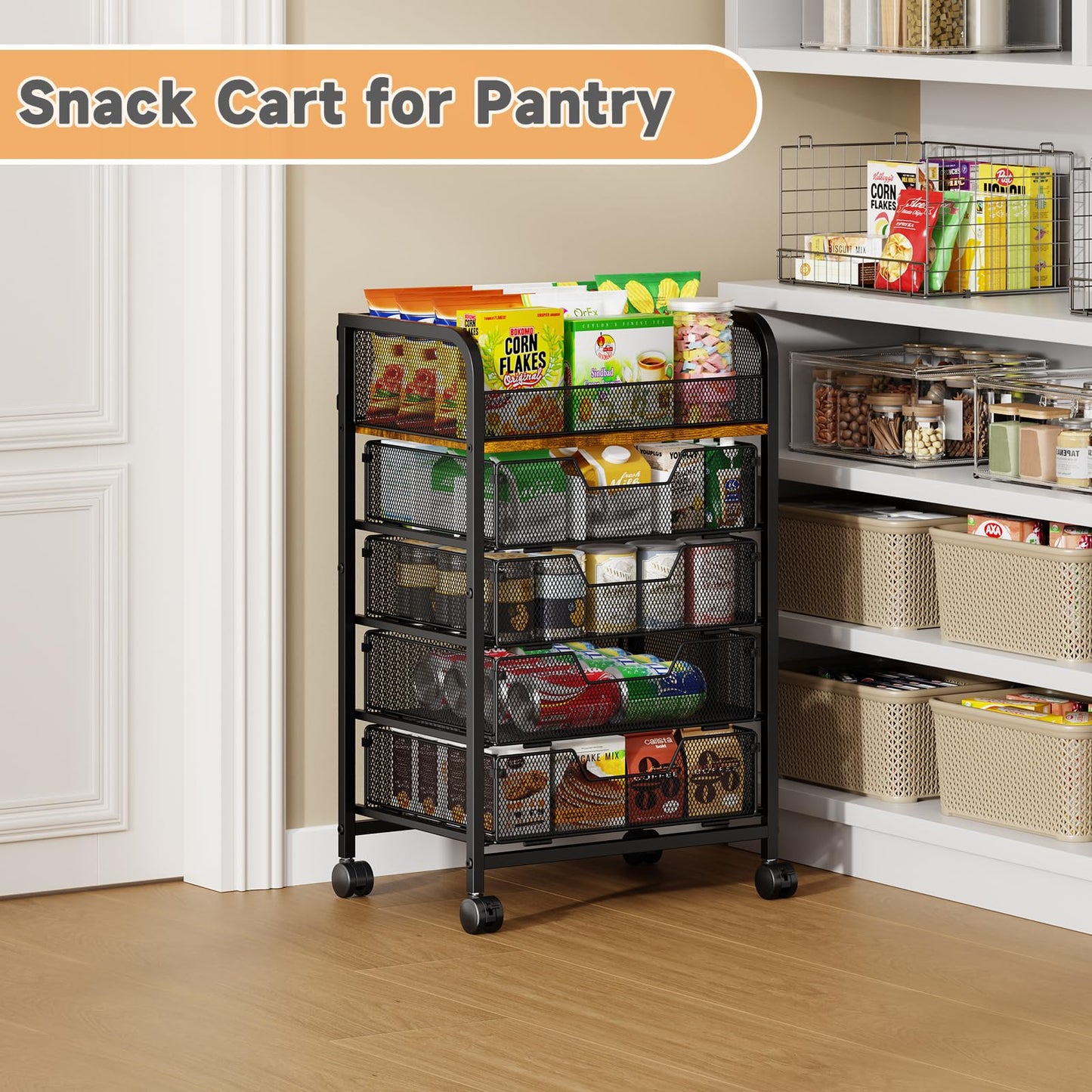 LUMAMU 5-Tier Rolling Kitchen Cart with Drawers - Kitchen Storage Cart on Wheels,Pantry Snack Cart,Fruit and Vegetable Storage Cart with Wood Top,Rolling Utility Cart for Potato and Onion Storage