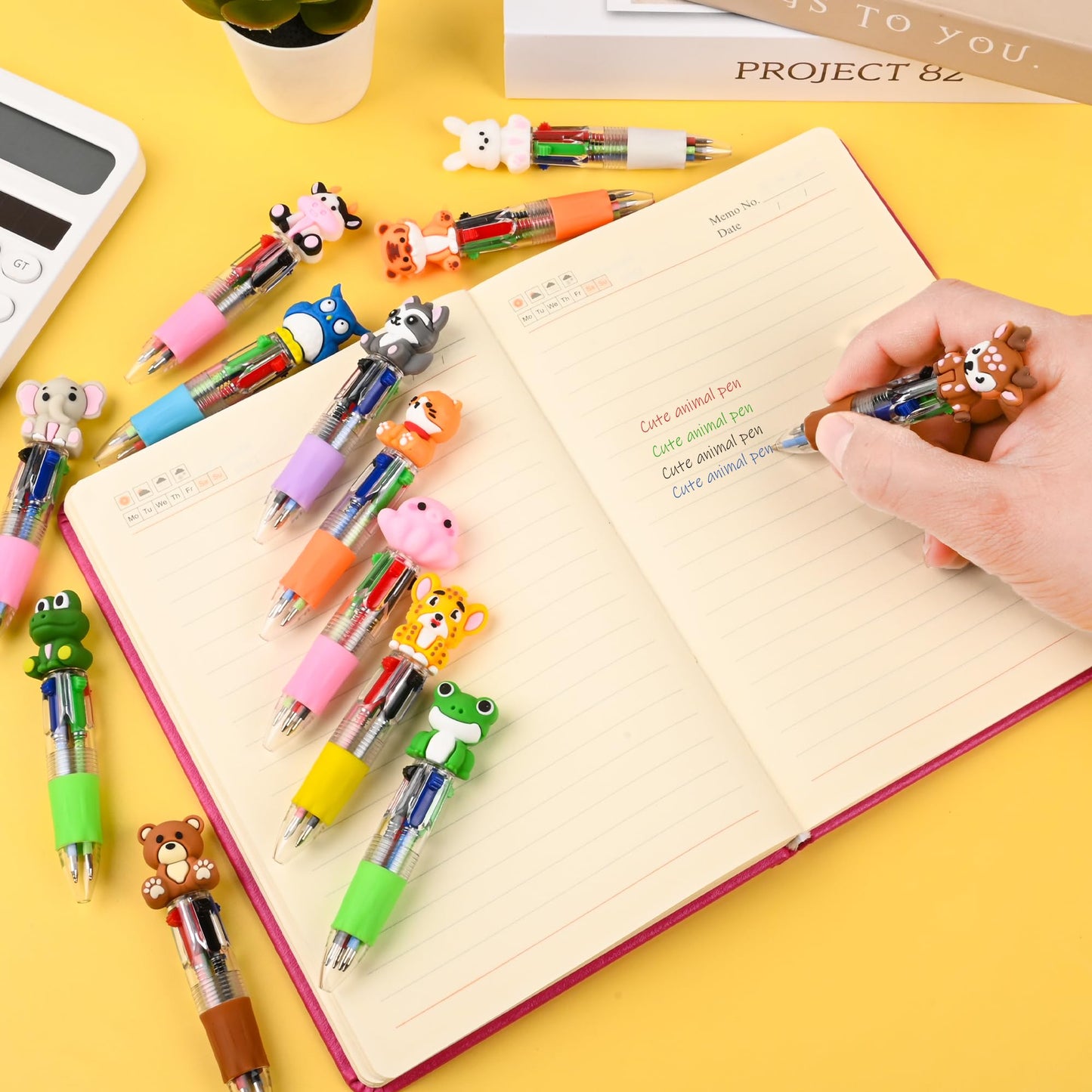 LiYiQ 100 Pcs Animals Multicolor Pen in One Cartoon Cute Fun 4-in-1 Cute Pens Bulk Kawaii Bear Cow Cat Elephant Tiger Lion Rabbit Monkey and Frog Shapes Cool Ballpoint Pens for Fun Gifts