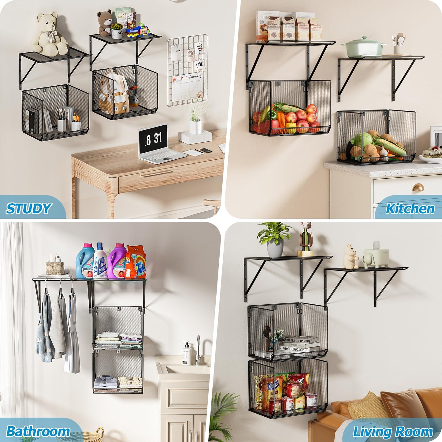 BigPonPon 2 Pack Laundry Room Shelves Organization and Storage,Wall Mounted Clothes Drying Rack with Wire Mesh Basket Over Washer and Dryer, (Black, 2 Pack)