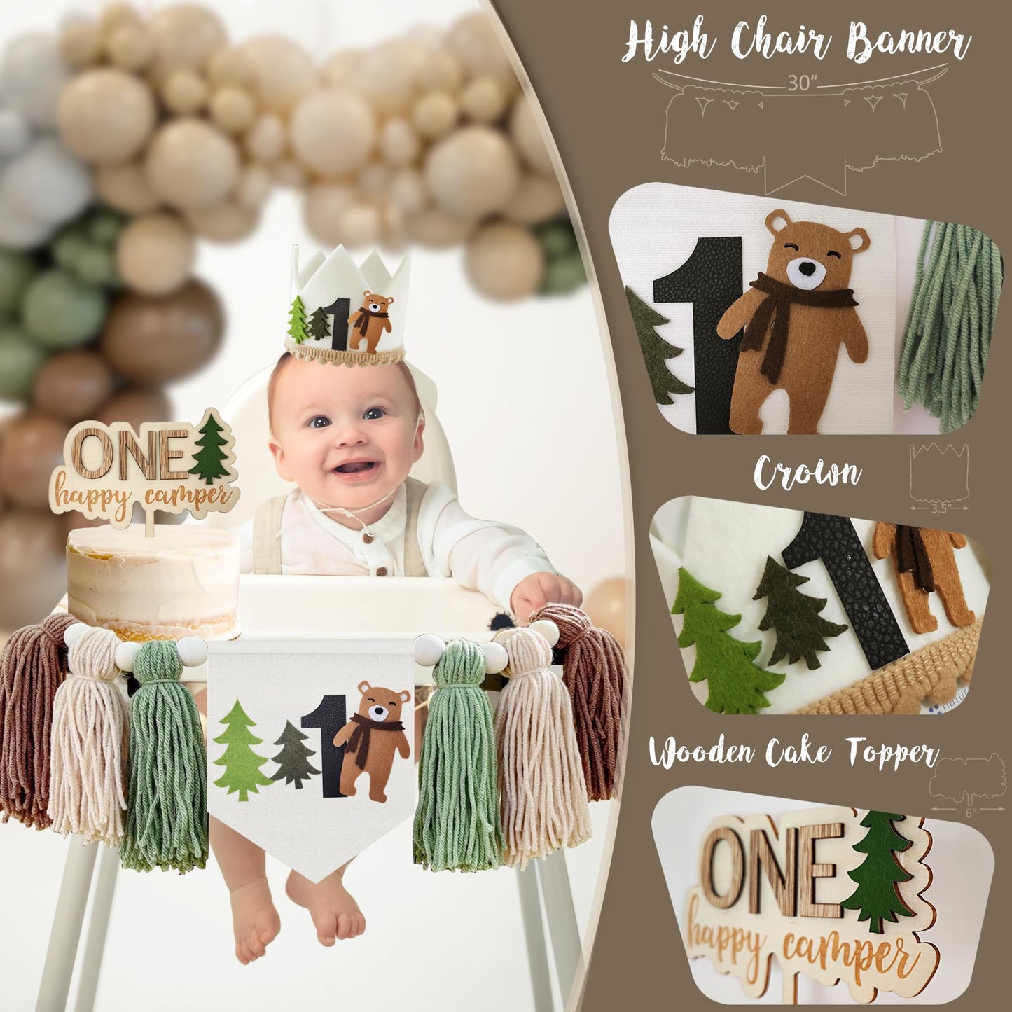 One Happy Camper Birthday Decorations, Camping 1st Birthday Party Supplies with Balloon Arch Balloon Box Backdrop High Chair Banner Crown Cake Topper Table Cloth