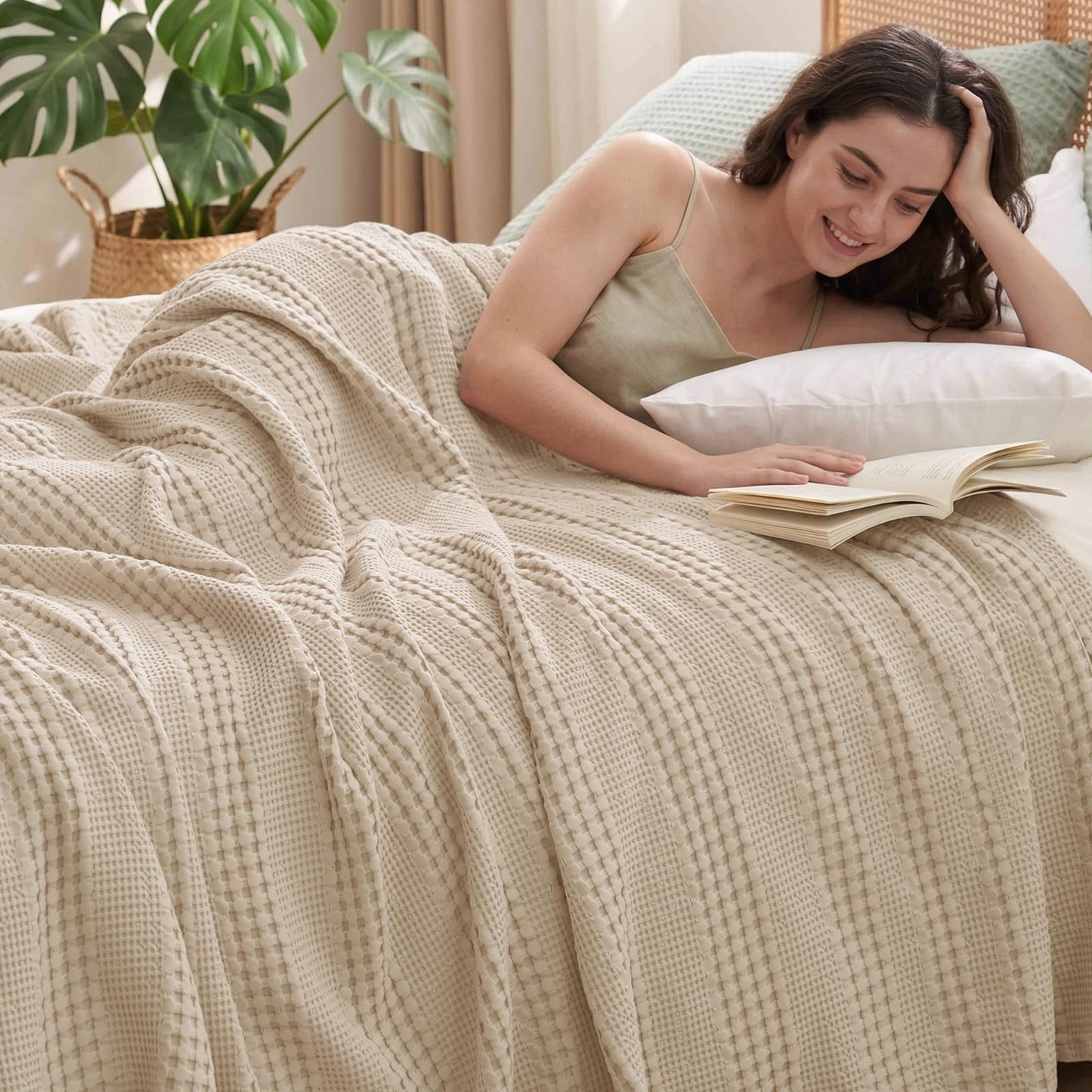 PHF Cooling Waffle Blanket Queen Size, Lightweight 60% Rayon from Bamboo & 40% Cotton Breathable Blanket for Hot Sleepers, Summer Use, Soft Luxury for Bed Couch Sofa, 90"x90", Light Tan