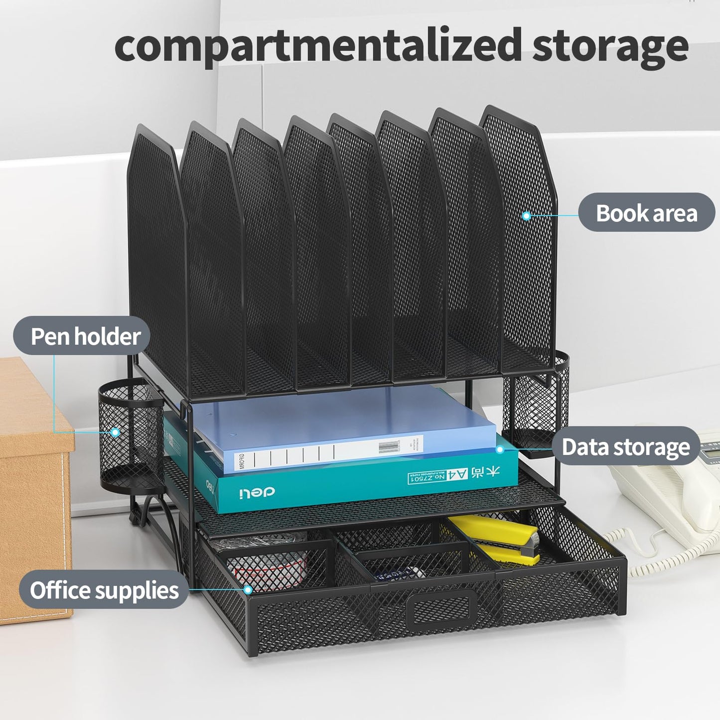 FANXIYQ Metal Desk Organizer with Adjustable Compartments, Black Office Desk Accessories for Home & Work, 7-Section Desktop File Folder Storage, Hanging Pen Holder, Bill Organizer for Desk