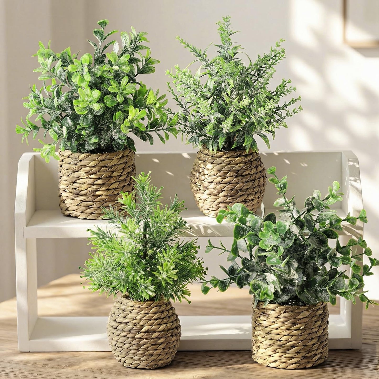Treory Small Fake Potted Plants: 9 Inches Artificial Plants with Seagrass Handwoven Planters, Indoor Farmhouse Decorations, Eucalyptus Plant for Home Bathroom Office Shelf Tabletop Desk Room Decor