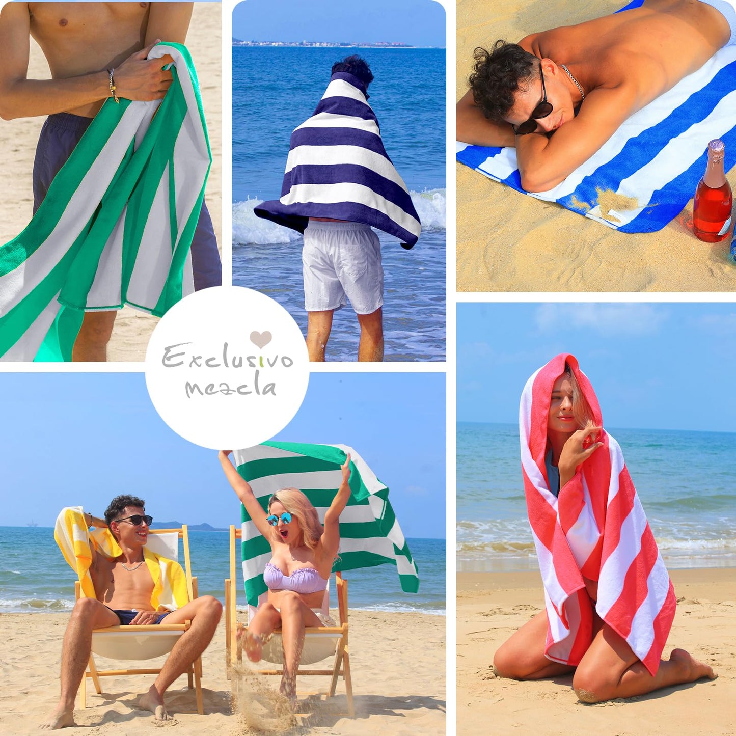 Exclusivo Mezcla Beach Towels Oversized, 4 Pack Lightweight Cabana Stripe Pool Bath Towel Set for Kids and Adults, Extra Large and Absorbent, 30x60 Inches, Blue/Green/Yellow/Red
