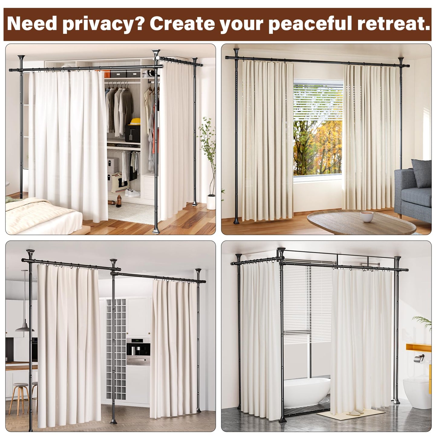 Abiglifty Room Divider Curtain Rod No Drilling, Adjustable 4-10ft(H) 28-114inch(W) Wall Divider for Room Separation, Heavy Duty Floor to Ceiling Tension Curtain Stand, Black