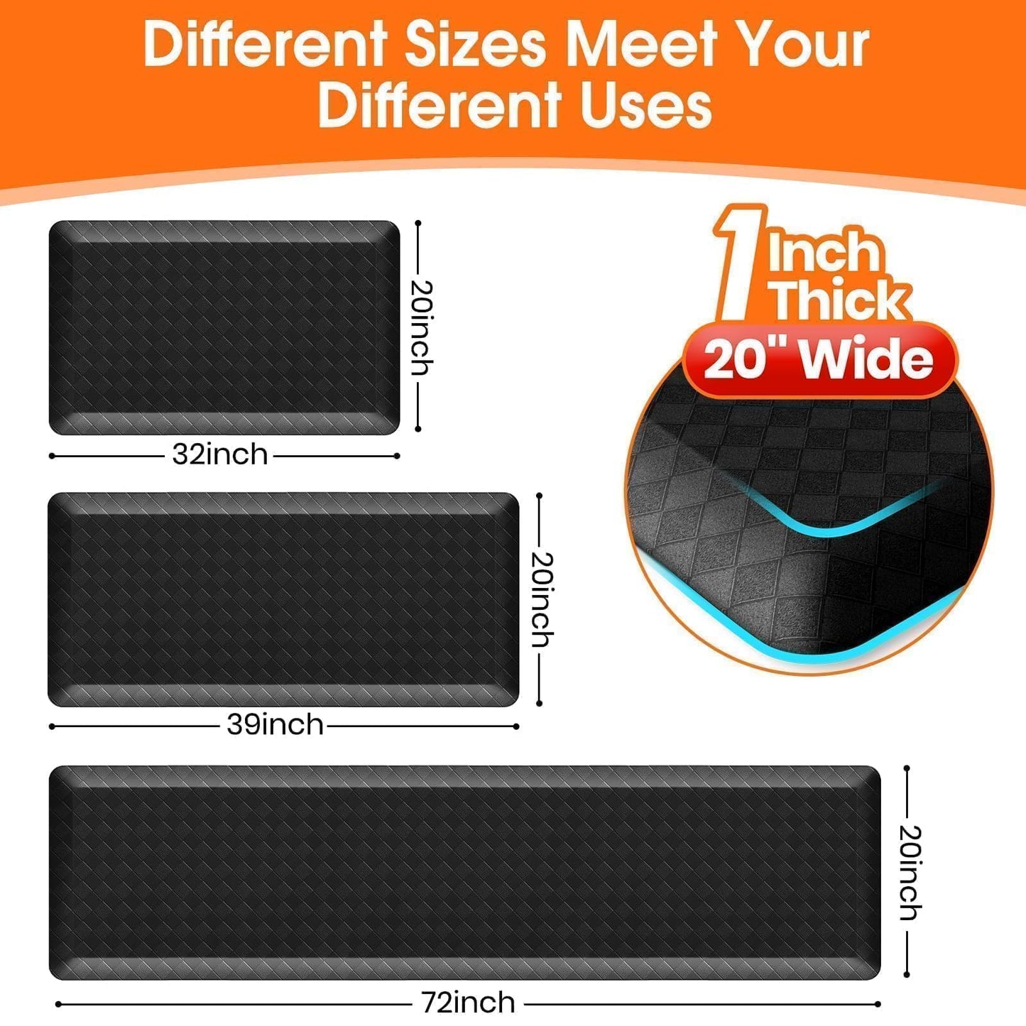 StepRite 1” Thick Kitchen Mats for Floor, Anti Fatigue Kitchen Rugs, Non-Slip,Heavy Duty Water Resistant Kitchen Rug, Standing Desk Mat for Friends, Family, Home, Kitchen, Office(39" x 20",Black)