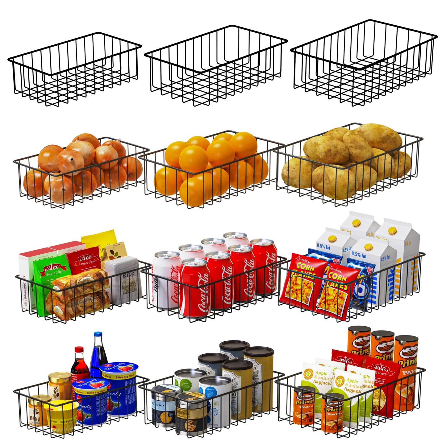 Joben Oligey 12 PACK (3 Szie) Small Wire Storage Baskets for Organizing,Pantry Organization Bins for Cabinets, Metal Basket for Kitchen, Bathroom Organizer (Black)