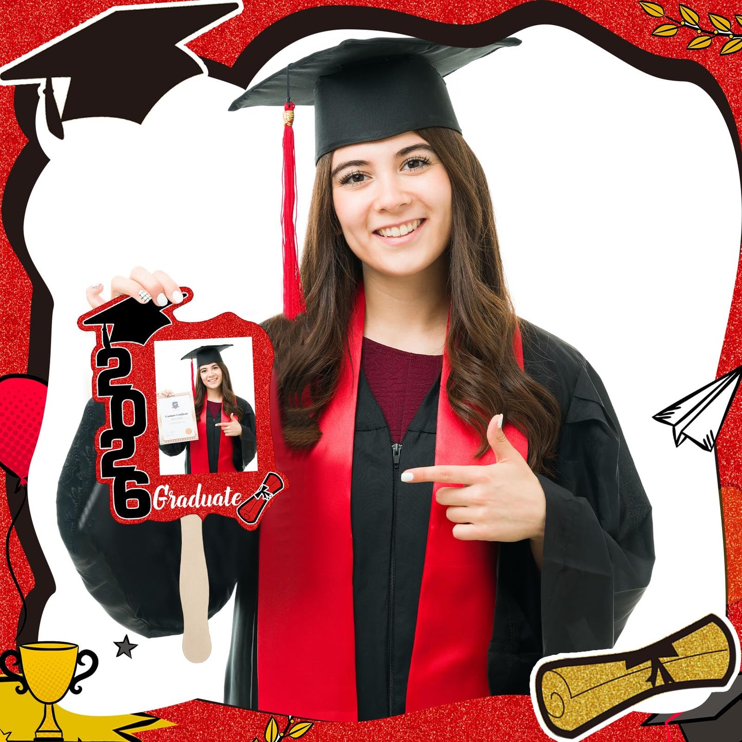 24 Pcs Graduation Cutout Face Fans with Handle Double Sided Personalized Grad Party Supplies Class of 2026 Grad Photo Props Blank DIY Photo Frame Graduation Party Souvenirs(Classic,Red)