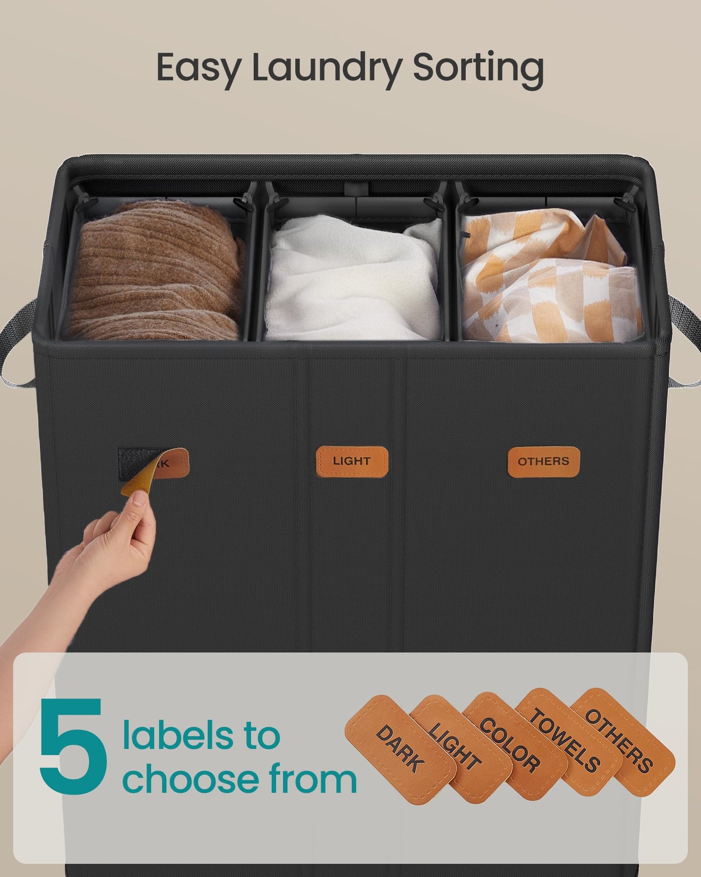 SONGMICS 47.6 Gallon (180 L) Laundry Hamper, 3-Compartment Laundry Basket Sorter with Lid, Labels, Removable Liner Bags, for Bedroom, Ink Black URLH013B01