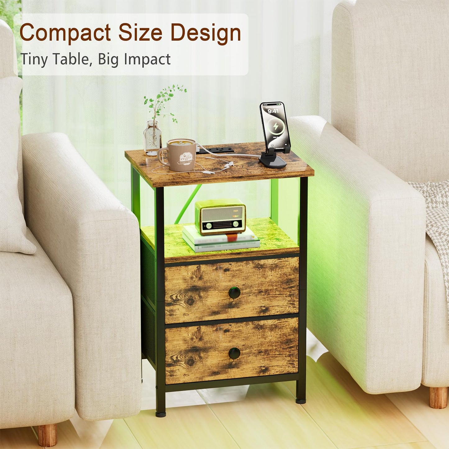 LOAKEKEL Night Stand with Charging Station, Small Bedside Table with USB Ports & Outlets, LED Nightstand with 2 Fabric Storage Drawers PU Finish for Bedroom, Brown, HETS02BR-1