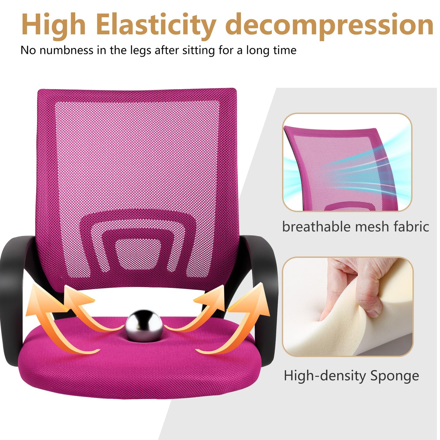 BestOffice | Ergonomic Office Chair | Mid-Back Swivel Desk Chair | Breathable Backrest & Lumbar Support | Adjustable Height | Sponge Seat | Rolling Wheels | Peach Pink | for Adults & Women