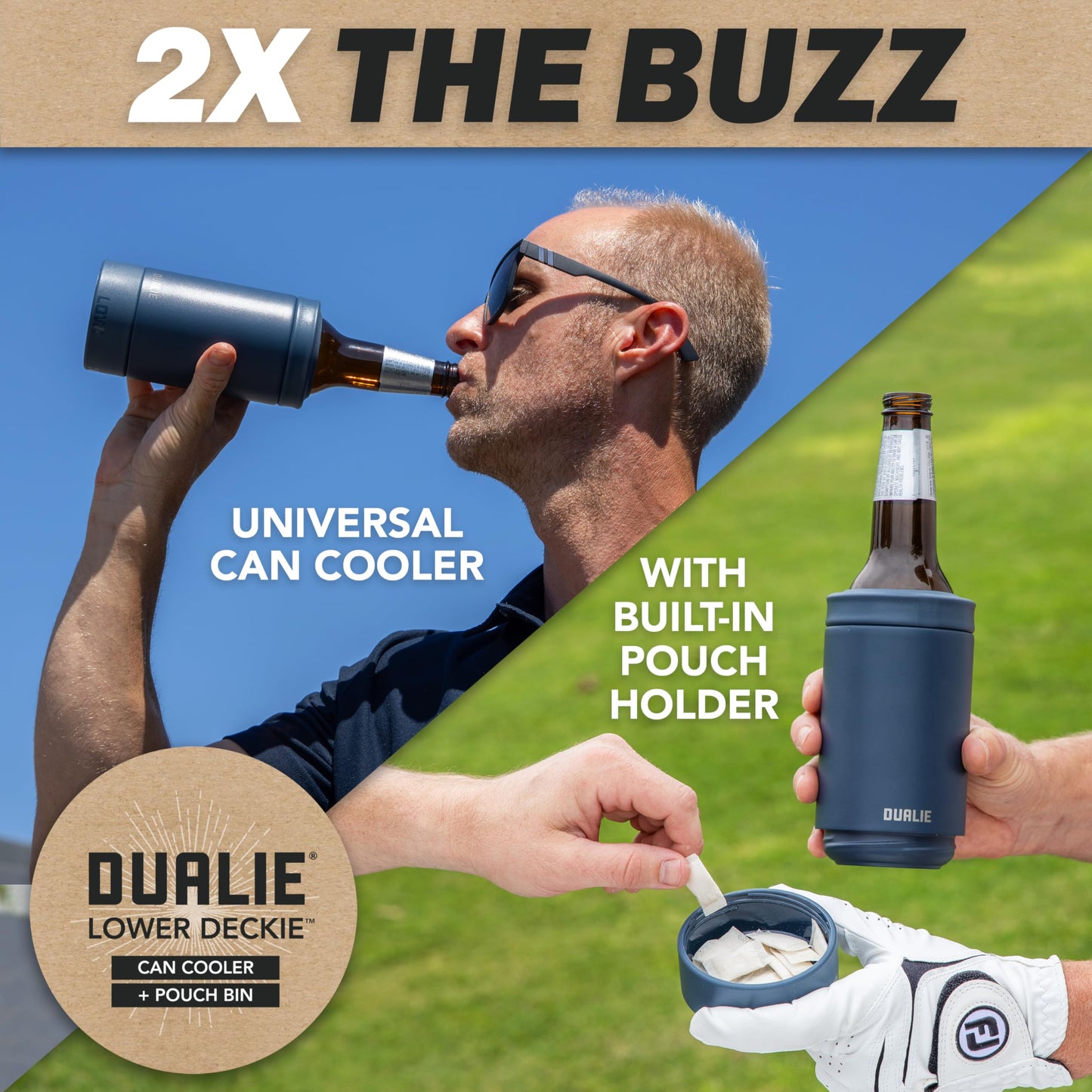 DUALIE Lower Deckie - Insulated 12 oz Can Cooler with Pouch Container - Universal Drink Holder with Built-in Pouch Bin - Navy