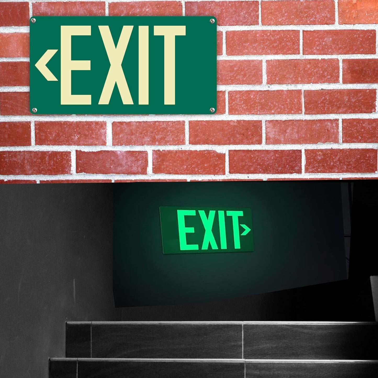 (2Pack) Photoluminescent Exit Sign, Glow In The Dark Aluminum Exit Sign Green - Adhesive Backing - 4pcs Removable Arrows Included - 14.25 x 7.5 Inches - Non Electrical Exit For 50 Feet Visibility