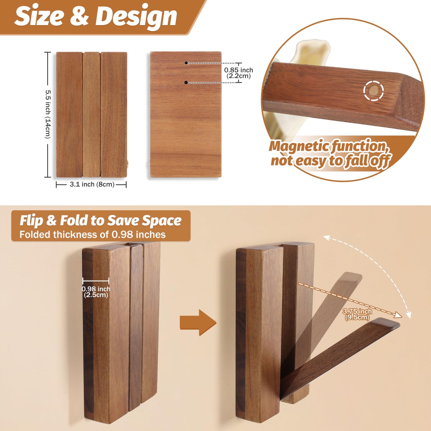 KYIAANY Foldable Wall Hooks 4Pack: Rustic Wooden Coat Hooks Mounted for Heavy Duty Hanging Towels Backpack Bags Hats, Space Saving Minimalist Decorative Hooks for Aesthetic Homeowners
