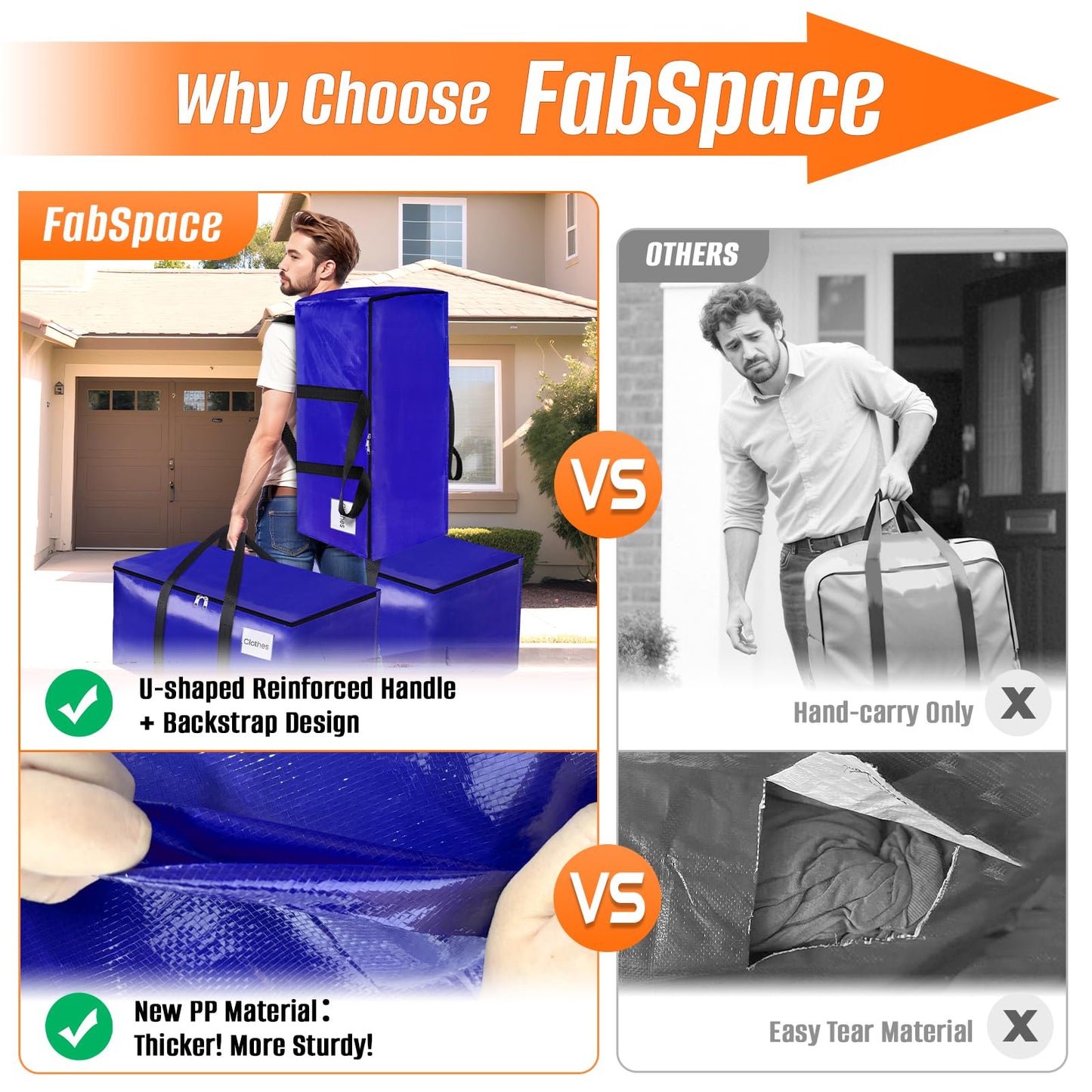 FabSpace 8-Pack Moving Bags with Backpack Straps & Carry Handles, 25 Gallons-93 L Heavy Duty Storage Totes for Space Saving, Foldable Storage Bags for College Dorm, Travel, Camping (Blue)