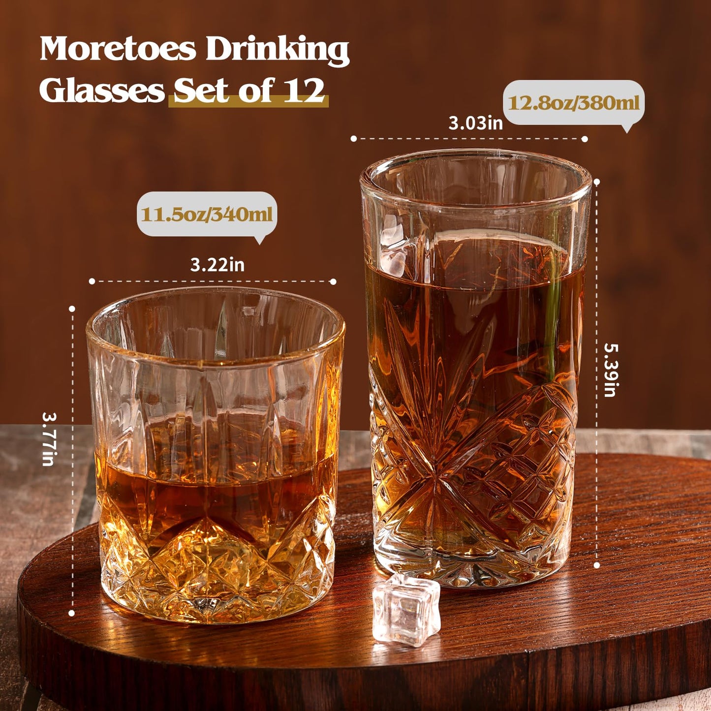 Moretoes Crystal Whisky Drinking Glasses Set of 12, Glass Cups, Mixed Glassware Set, 12 Oz Highball Glasses & 11 Oz Old Fashioned Glasses, Great for Cocktail and Other Beverages