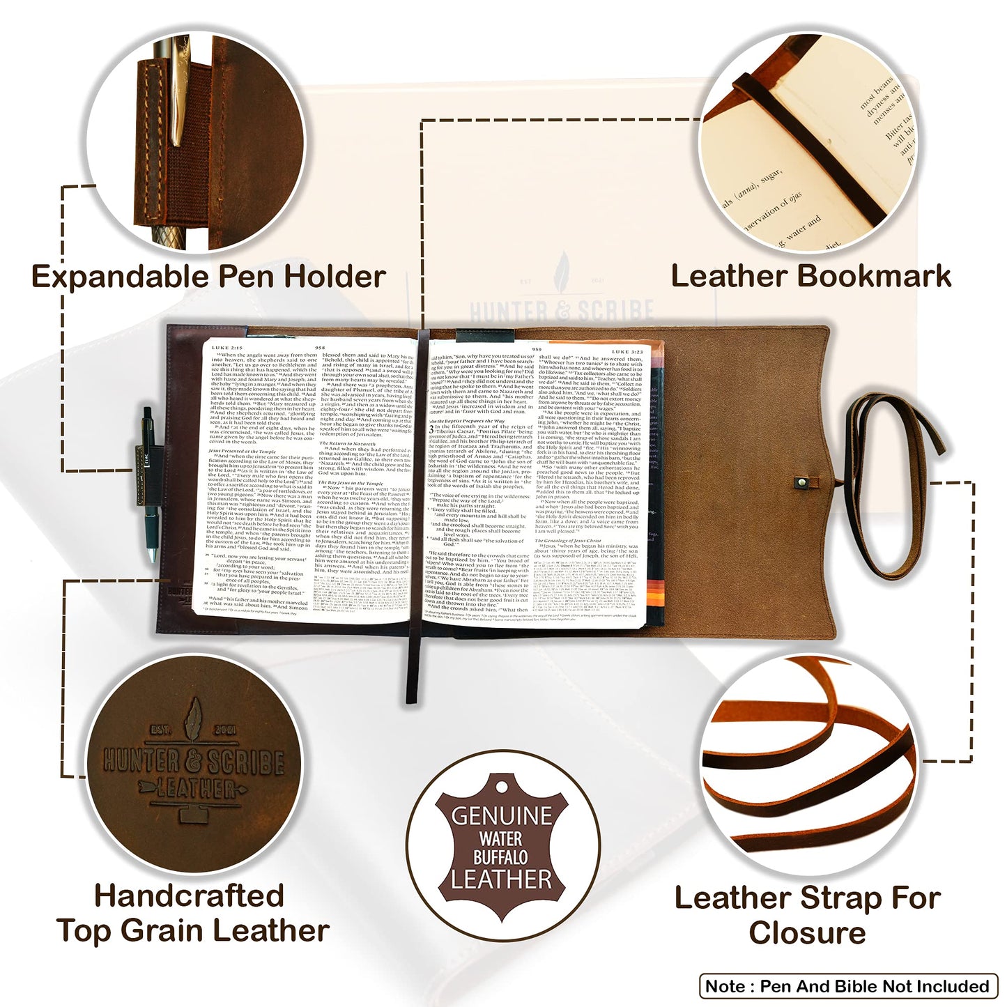 Hunter & Scribe Leather Book or Bible Cover for Men and Women - Handcrafted Genuine Top Grain Buffalo Leather - Christian Gifts - Medium Leather Bible Cover - Medium Book Cover