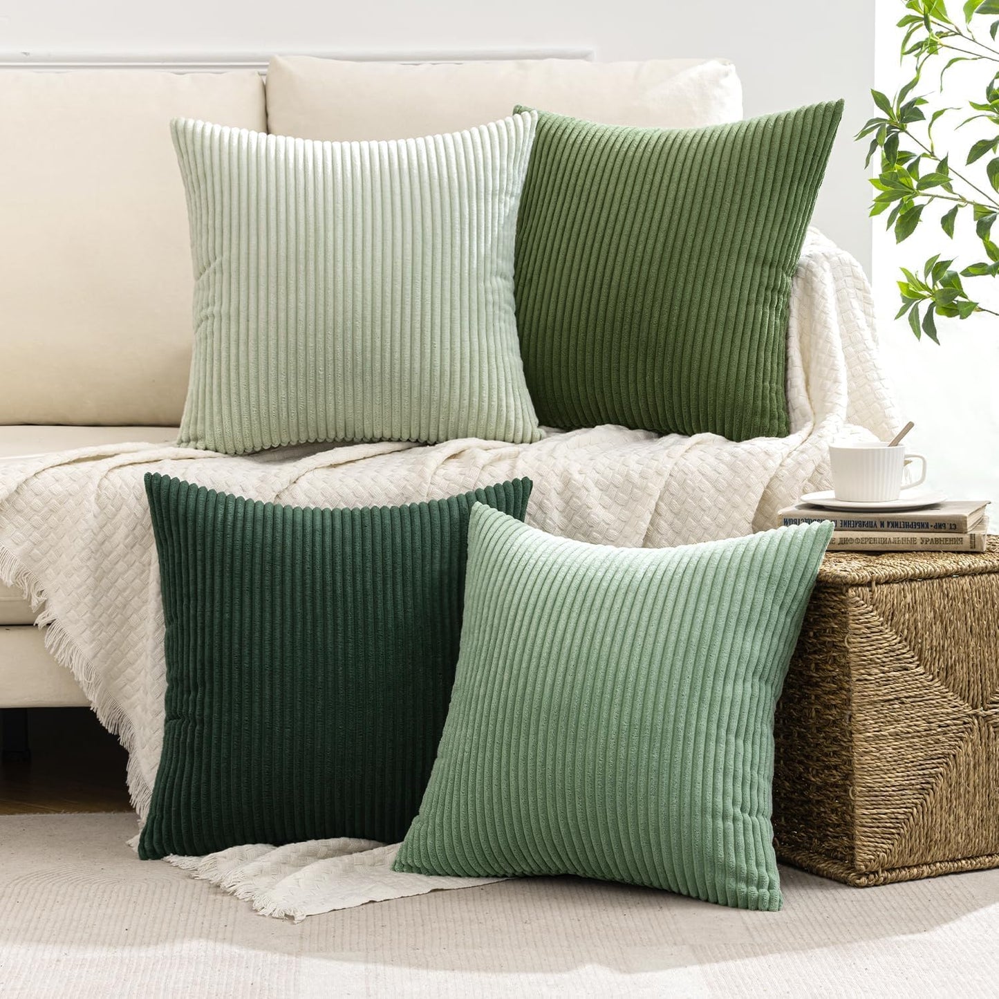 MIULEE Boho Farmhouse Sage Green Throw Pillow Covers 24x24 Inch Set of 4 Mordern Nordic Cushion Covers Soft Corduroy Spring Home Decor for Couch Bed Sofa Living Room Forest Green