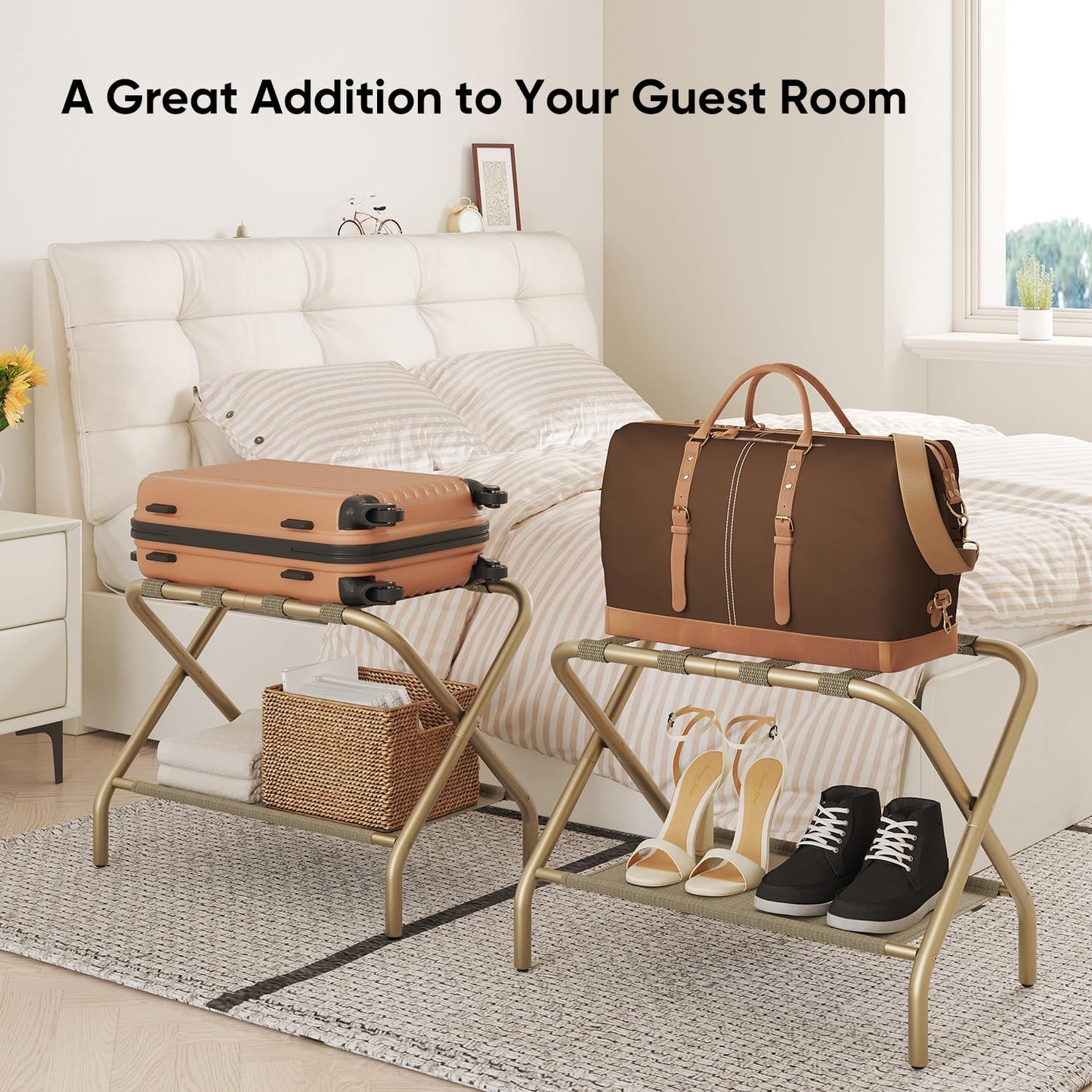 Smart FENDEE Set of 2 Luggage Rack for Guest Room, Folding Suitcase Stand with Shoe Shelf, Easy Assembly, Portable, Hold up to 110 lb, Gold