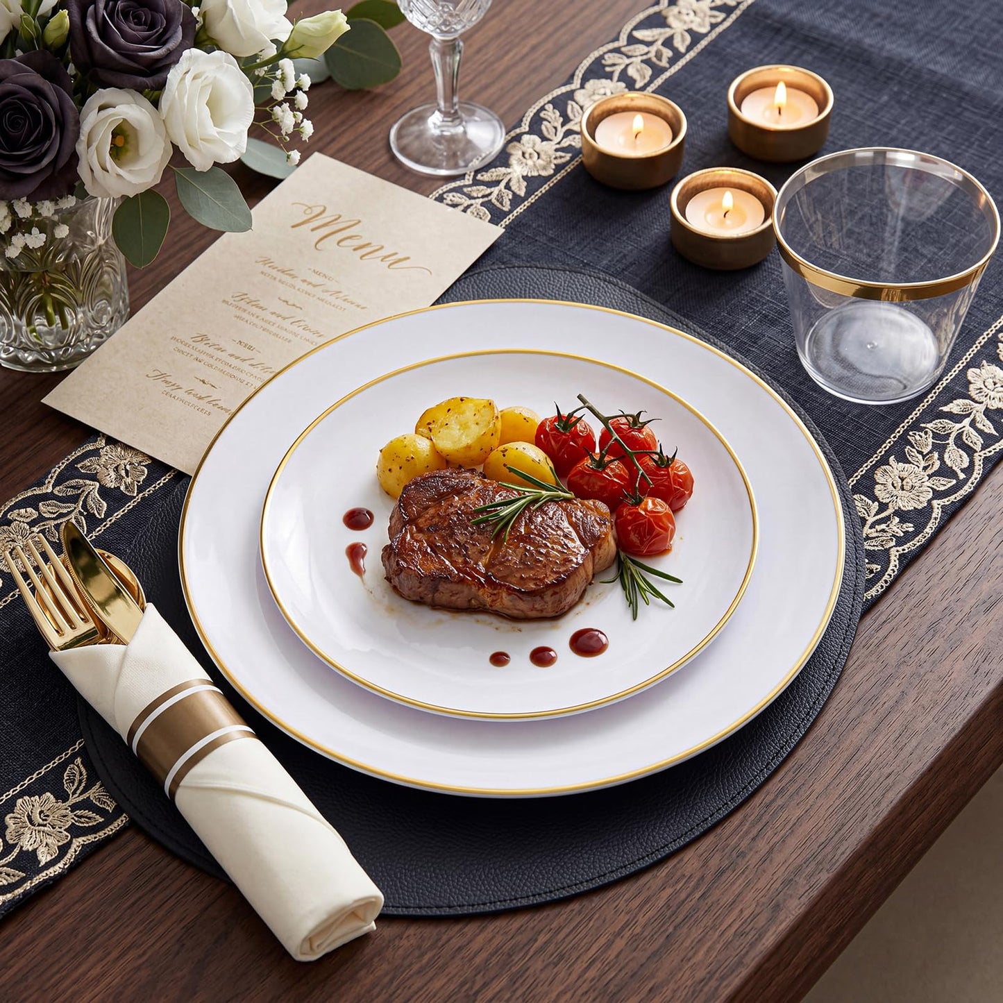KIRE 175PCS Gold Plates Disposable - Heavy Duty White and Gold Plastic Plates Dinnerware Sets - 25 for Dinner 25 for Dessert 25 Pre Rolled Napkins and 25 Cups for Birthday/Wedding/Party