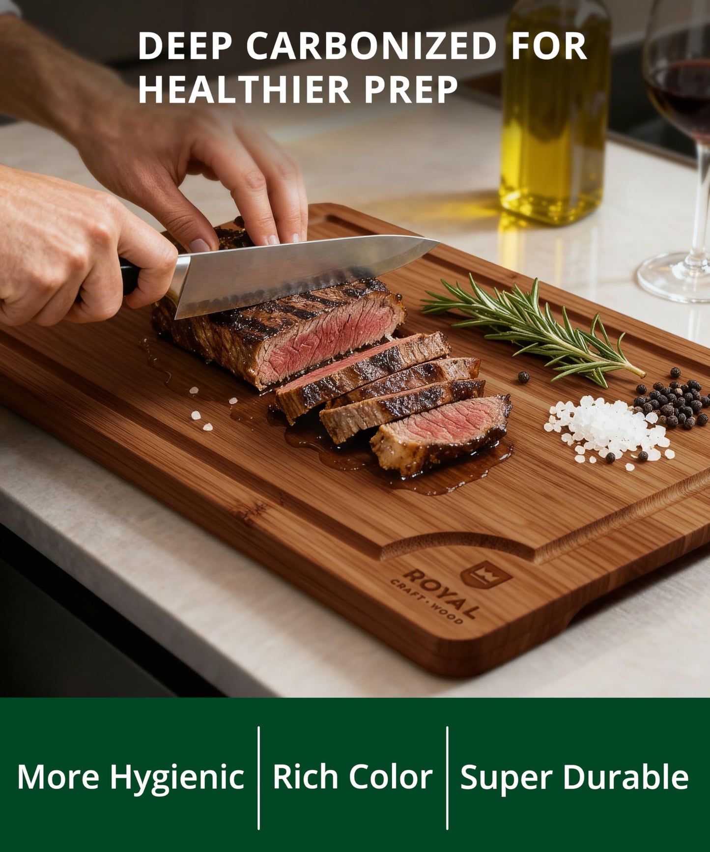 ROYAL CRAFT WOOD Wooden Cutting Boards for Kitchen Meal Prep & Serving - Non Toxic Bamboo Wood Cutting Board Set with Deep Juice Groove Side Handles - Charcuterie & Chopping Butcher Block for Meat