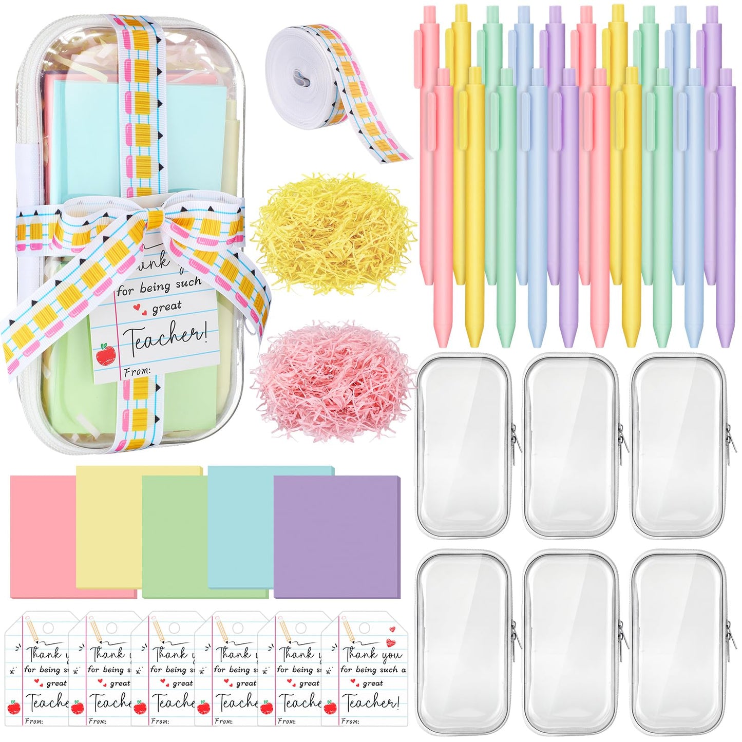 Motiskyy 6 Sets/75 Pcs End of Year Teacher Gifts Bulk Set Clear Hard Case Zipper Pouch Pastel Ballpoint Pens & Sticky Notes Pink and Yellow Raffia Adorable Printed Pencil Ribbons with Thank You Cards