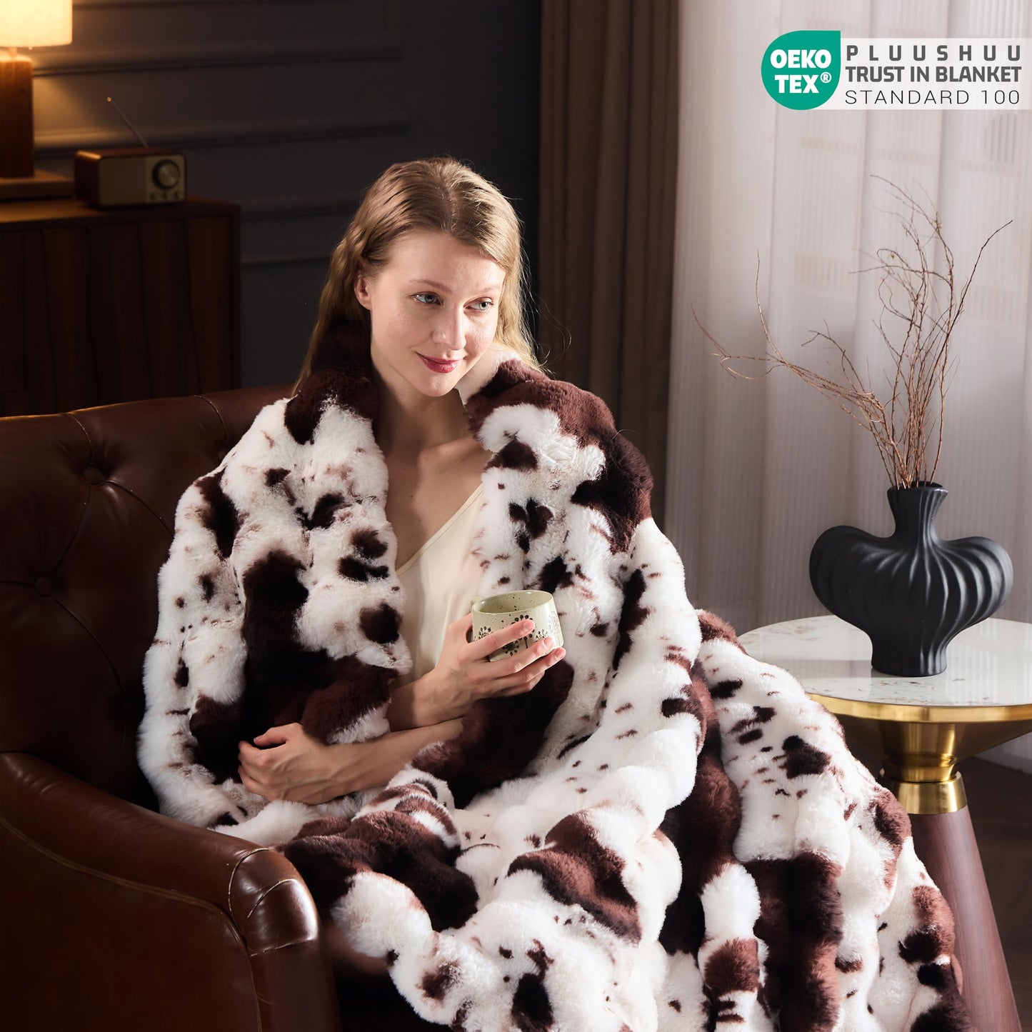 PLUUSHUU Faux Fur Throw Blanket for Couch, Fluffy Fuzzy Plush Bubble Blanket, Soft Warm Cozy Shaggy Rabbit Blanket, Luxury Decorative Gifts for Sofa Bedroom Living Room, 60x50inch (Cow Print-Brown)