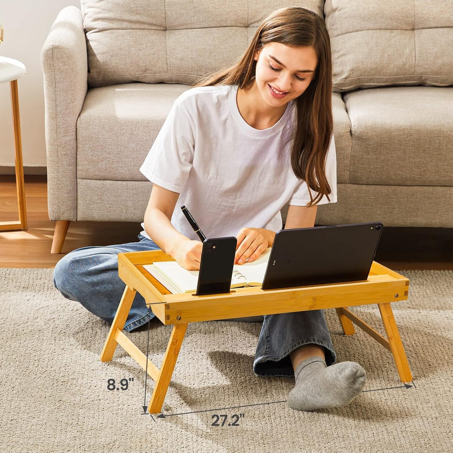 Bamboo Bed Tray Table, Large Breakfast Tray with Folding Legs, Multipurpose Serving Tray Use As Portable Laptop Snack Table, for Working, Eating, Reading by Pipishell