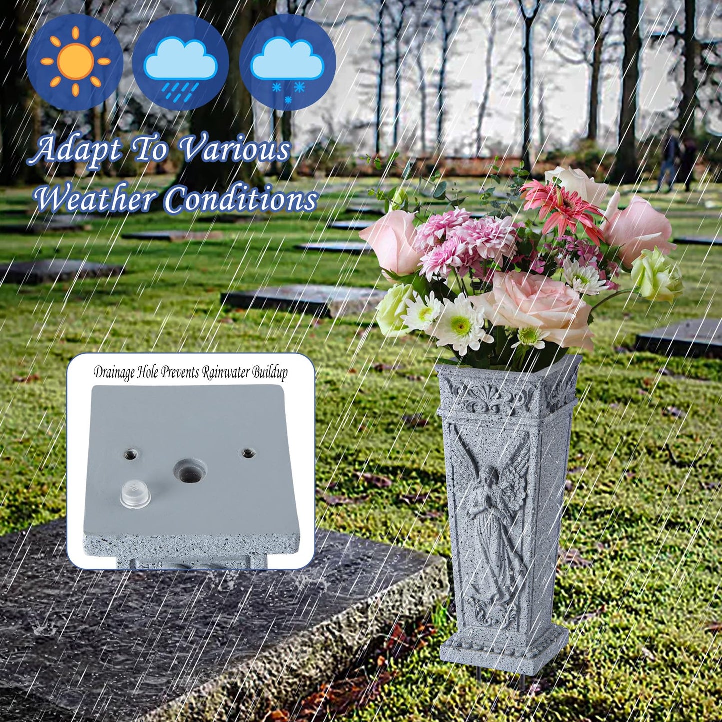 XONOR Cemetery Flowers Vase with Spike, Memorial Grave Vase Resin Flowers Holder for Headstone, Grave, Cemetery, Garden, Lawn, Yard Decorations (2PCS, Grey)