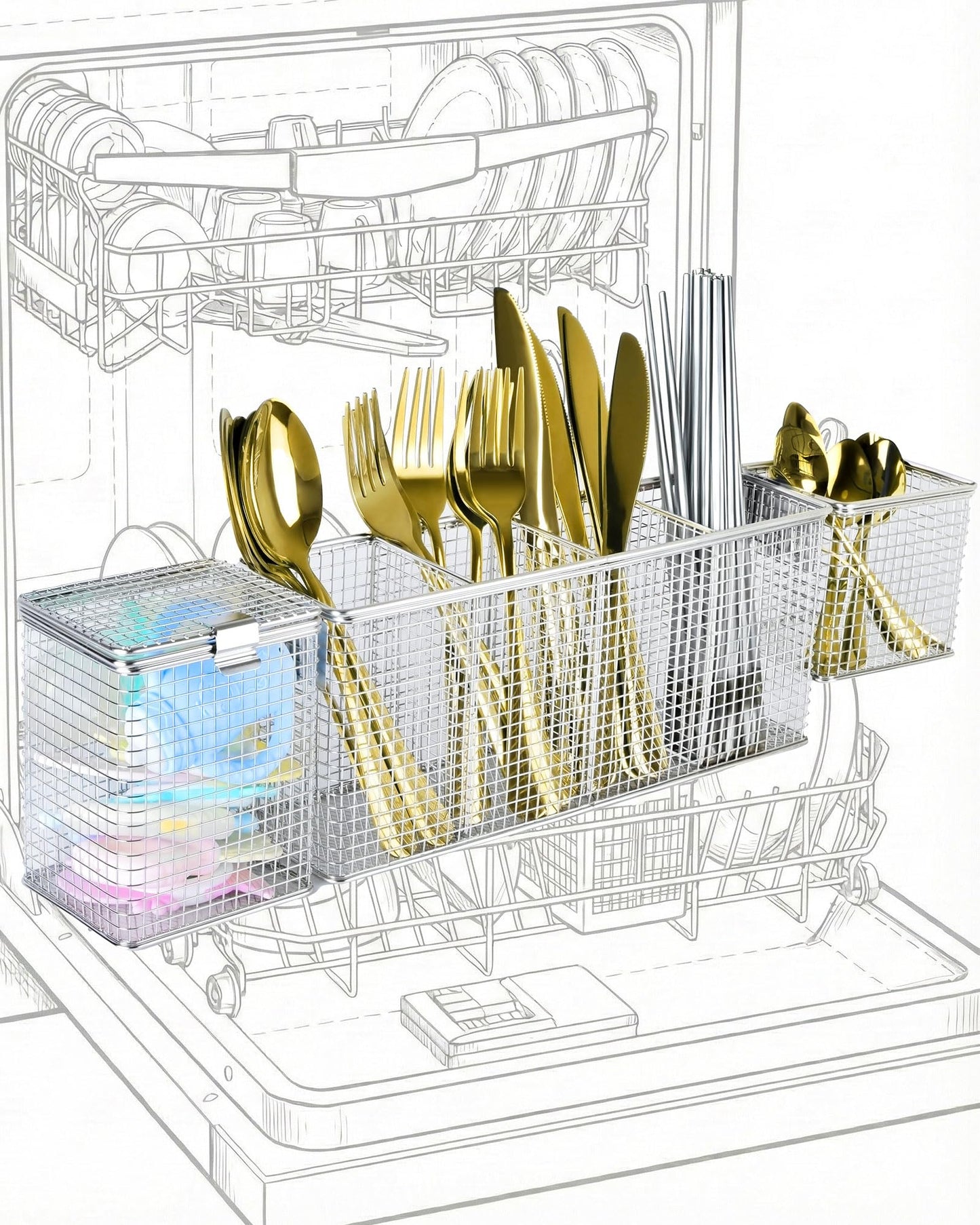 Viscogrip Universal Dishwasher Silverware Basket, 304 Stainless Steel 3-in-1 Dishwasher Utensil Basket, Bottle Parts, Straws, Forks, Chopsticks Cleaning (Silver)