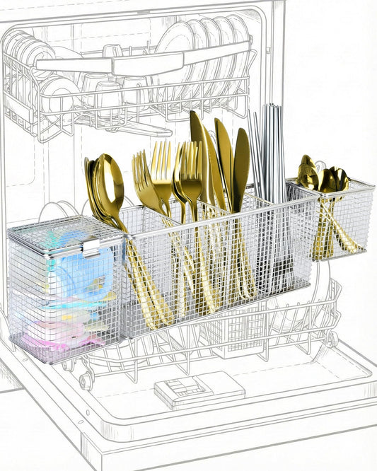 Viscogrip Universal Dishwasher Silverware Basket, 304 Stainless Steel 3-in-1 Dishwasher Utensil Basket, Bottle Parts, Straws, Forks, Chopsticks Cleaning (Silver)