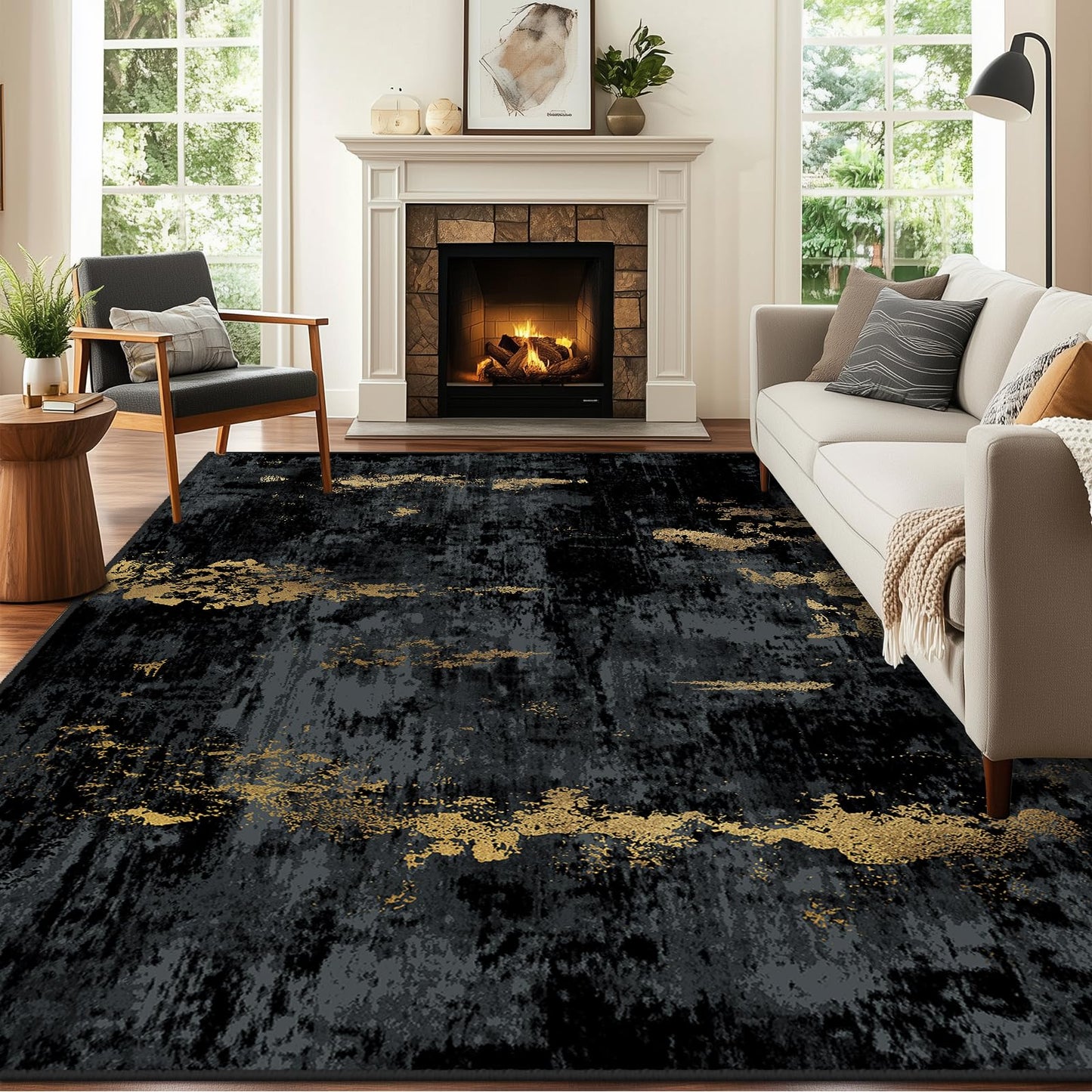 RELEANY Washable Area Rugs 5'x7' Non-Slip Modern Abstract Soft for Living Room Entryway Bedroom Nursery, Print Pattern, Dark Black Gold