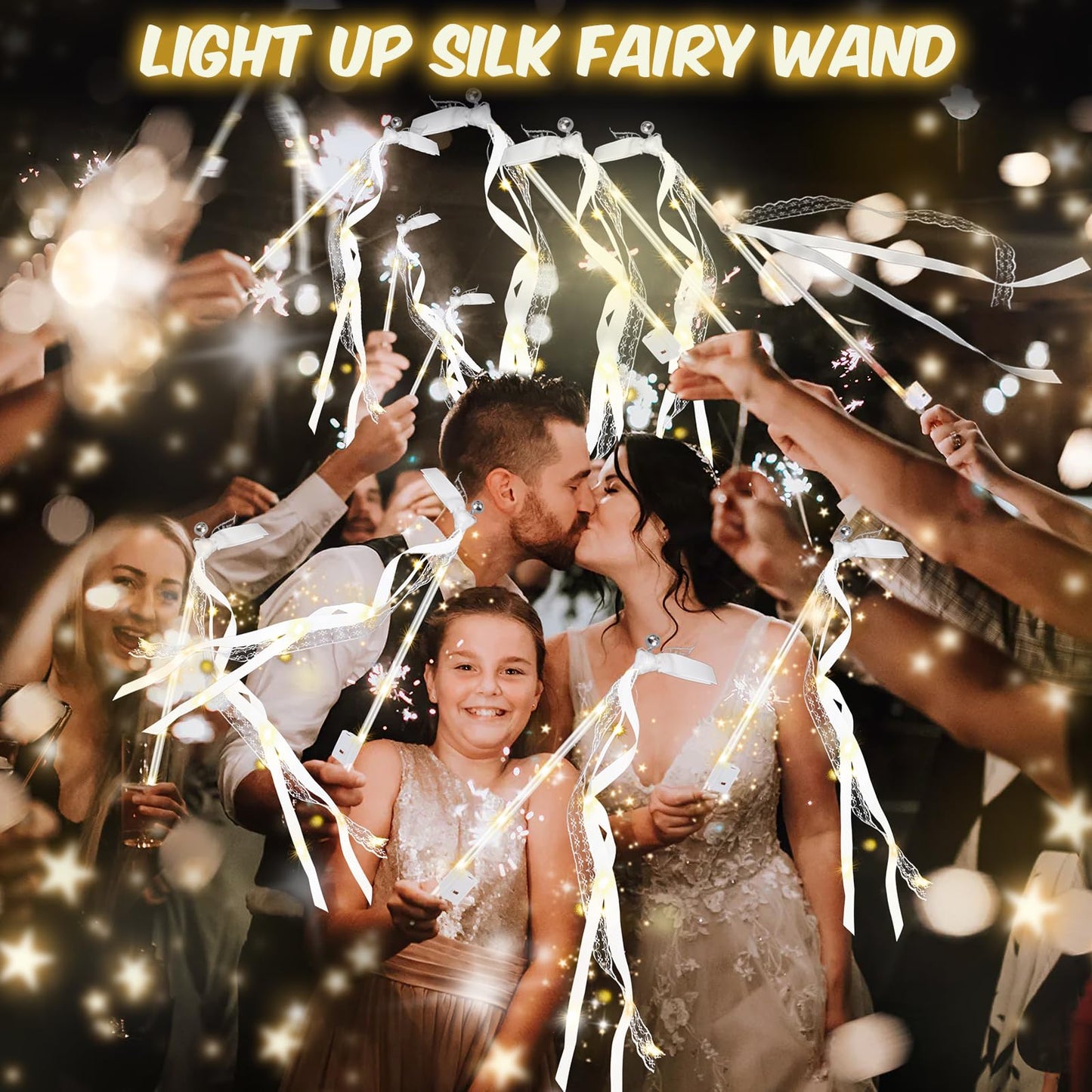 HONLYNE 28PCS Light up Wands for wedding, Wedding Wands Streamers with 3 Colorful Flashing Modes, Fairy Wands, LED Silk Fairy Wand with Bells for Wedding, New Year, Thanksgiving, Concert