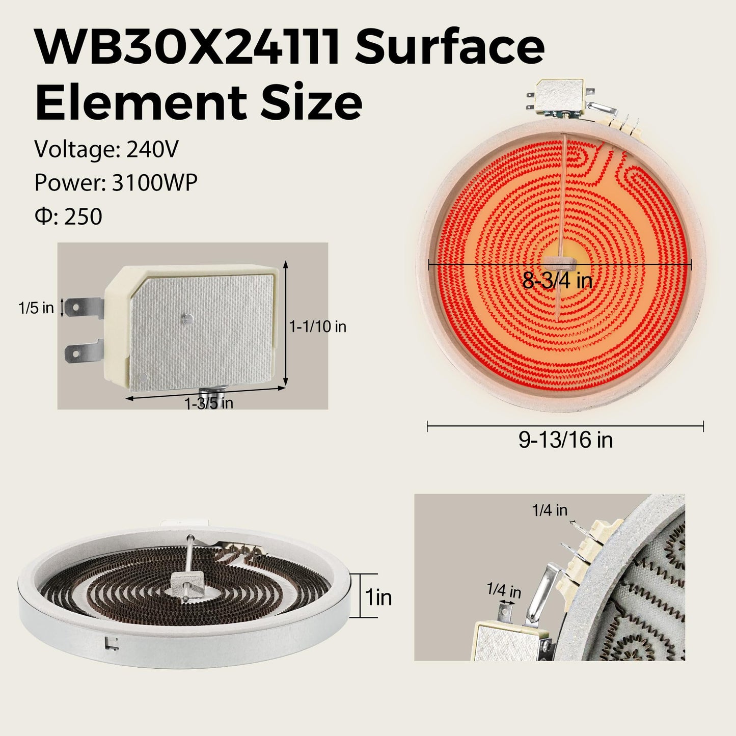 9" WB30X24111 Surface Element Compatible with GE Electric Cooktop and Range - 9 Inch Dual Radiant Heating Replace AP5989975 PS11729126 EAP11729126 4465256, by PANDEELS