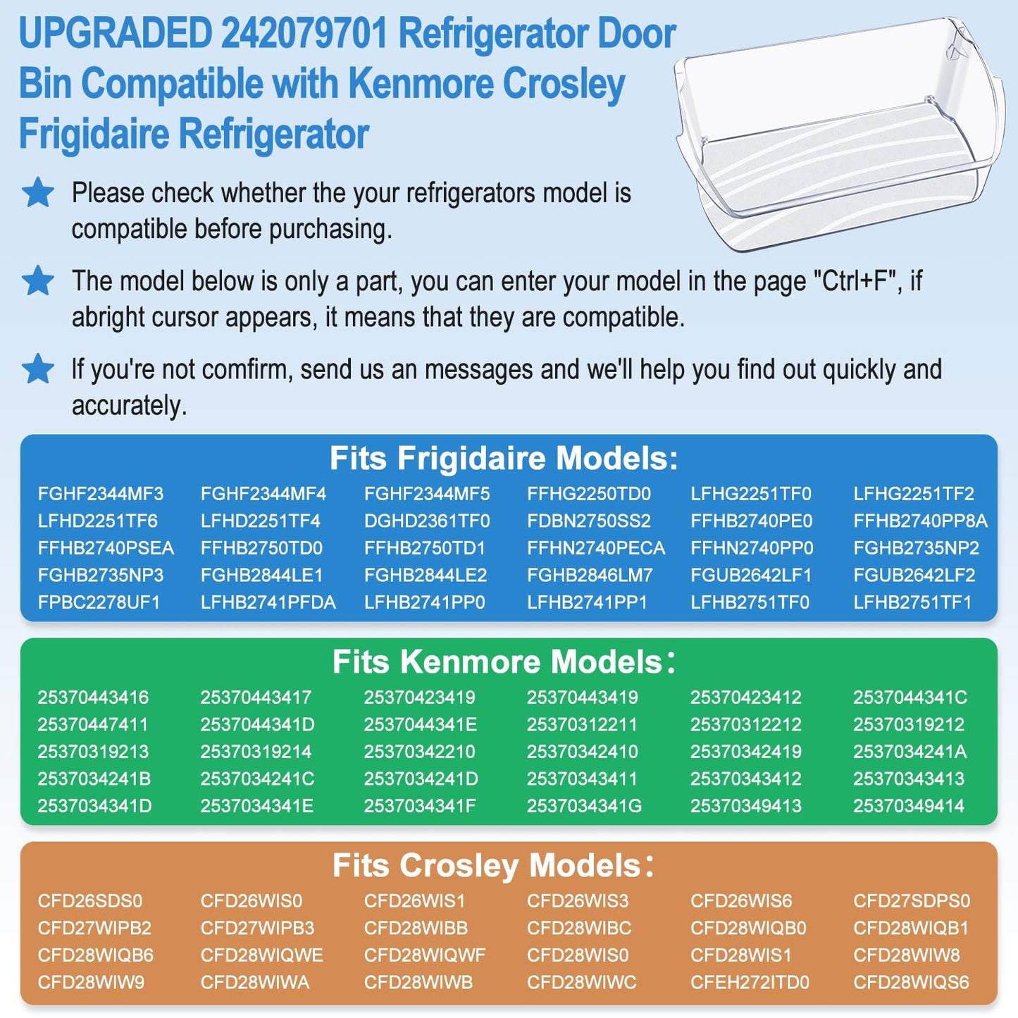 UPGRADED 242079701 Refrigerator Door Bin Replacement, Compatible with Frigidaire Kenmore Refrigerator Door Shelf Bin Parts 242011501 242011504 AP5270343 FFHB2750TS FGHB2868TF LGHD2369TF Door Shelf