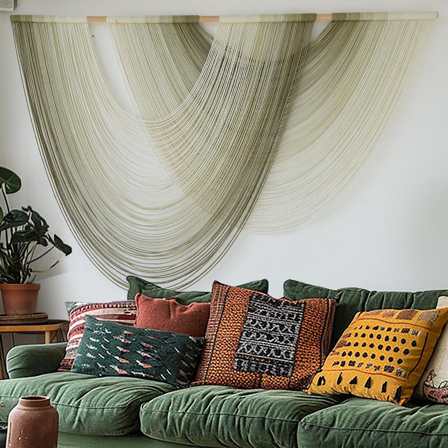 Flber Macrame Wall Hanging Boho Wall Decor Tapestry Dip Dyed Ombre Moss Green Handmade Wall Art Woven Cotton Rope Backdrop with for Bedroom Living Room, 57" W x 39" L