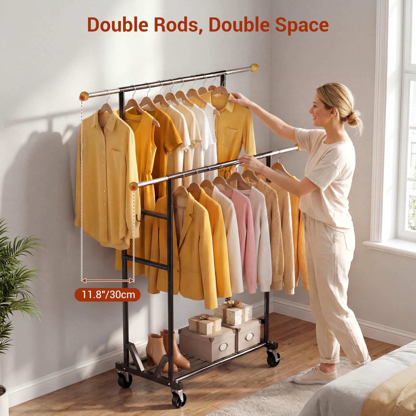 HRUSGO Rolling Garment Rack - Double Rod Clothes Rack with Lockable Casters, Mesh Storage Shelf & Anti-Slip Wooden Finials accented - Sleek Black Freestanding Closet Organizer for Coats, Dresses