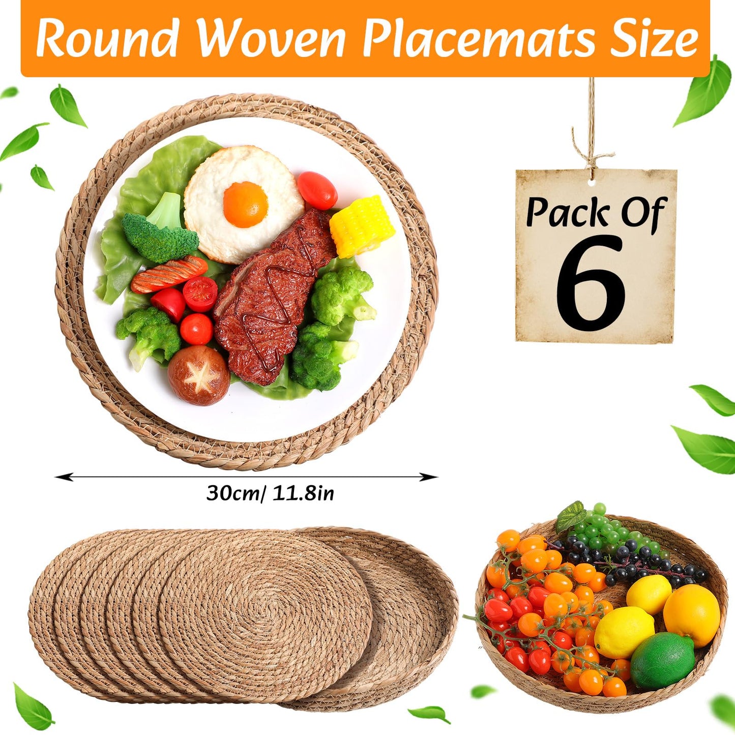 Gandeer Boho Placemats 4/6/8 Set of Round Woven Placemat Macrame Style Bicolor Stitching Long Table Runner Farmhouse Rustic Natural Burlap Cotton for Kitchen Dining Table(6 Sets,Brown,12x72)
