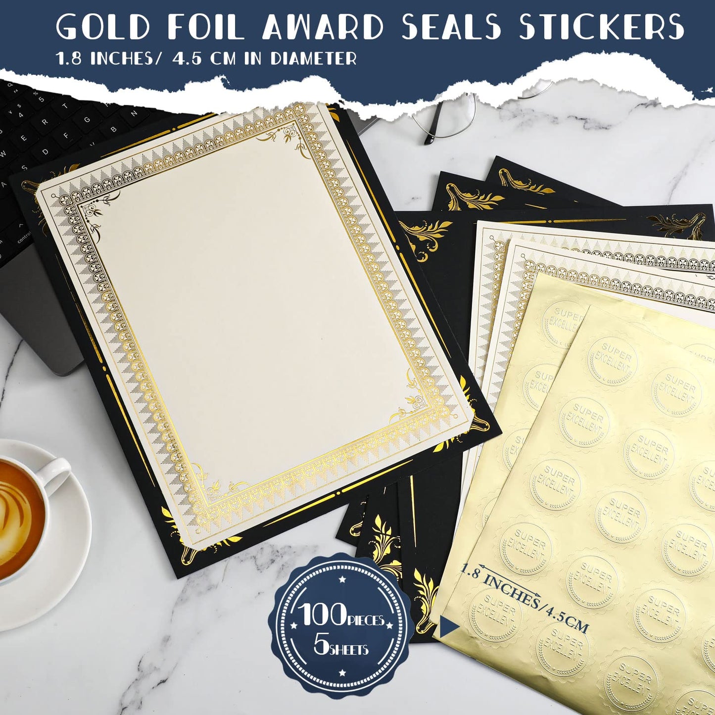 Fainne 100 Sets Black Certificate Paper Kit Single Sided Awards Holder with Foil Border for 8.5 X11 Certificate Covers Foil Award Seals Stickers Diploma Covers