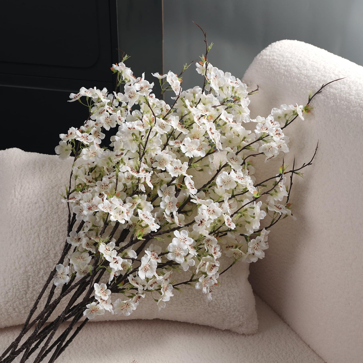 ENALGRE Artificial Cherry Blossom Branches 27.6In Silk Cherry Blossom Branches 8PCS Long Stem Artificial Flowers for Tall Vase, for Home Decorate, Weddings Decorate, Parties & Festival Gifts (White)